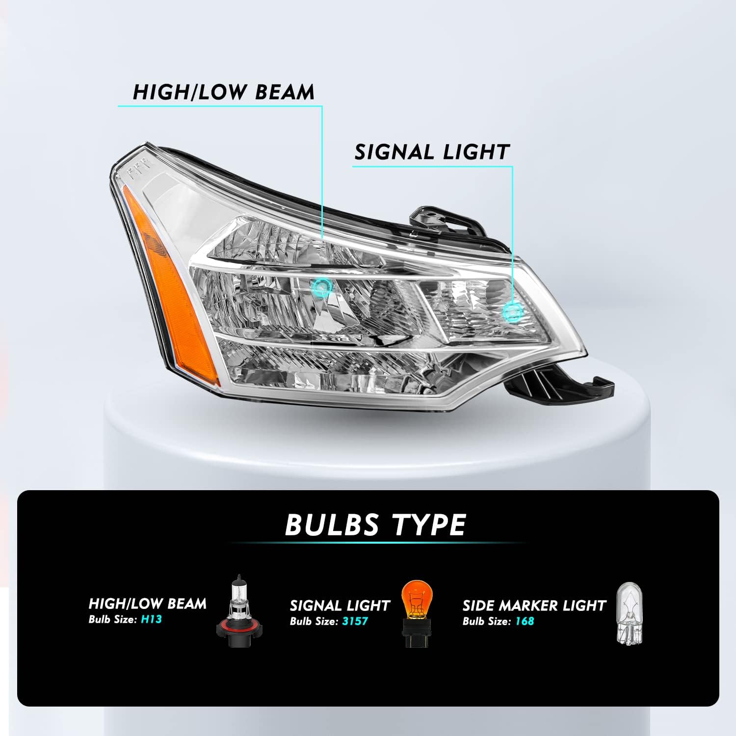 TUSDAR Headlight Assembly Set Fit for 2008 2009 2010 2011 Ford Focus Front Headlights S | SE | SES | SEL Passenger & Driver Side (Chrome Housing with Amber Reflector)