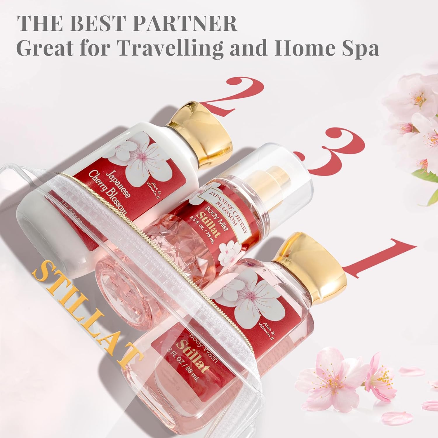 Bath and Body Care Gift Sets, Cherry Blossom Spa Shower Travel Set for Teenager and Her, Including Body Wash, Body Lotion and Fragrance Body Mist, for Birthday Anniversary Wedding Christmas New Year - Image 2