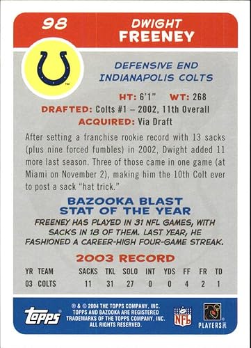 Miniatura 2 de 2004 Bazooka #98 Dwight Freeney NFL Football Trading Card