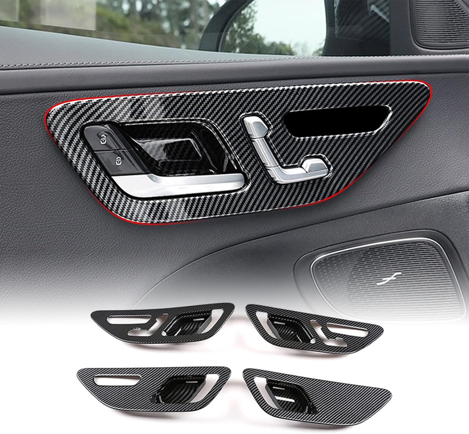 KUNGKIC for Benz W206 C-Class 2022 2023 C200 C300 Door Pull Handle Cover Door Handle Protector Interior Trim Sticker Decal ABS Accessories 4PCS Carbon Fiber Pattern