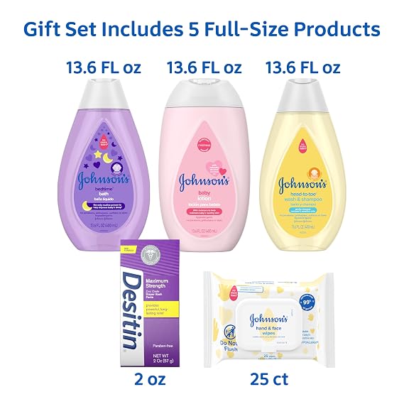 Johnson's Baby Here  Baby Gift Set, 5 Items | Moisturizing Baby Lotion, Bedtime Bath, Baby Wash & Shampoo, Hand & Face Wipes, Diaper Rash Paste