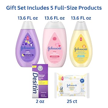 Johnson's Baby Here Baby Gift Set, 5 Items | Moisturizing Baby Lotion, Bedtime Bath, Baby Wash & Shampoo, Hand & Face Wipes, Diaper Rash Paste