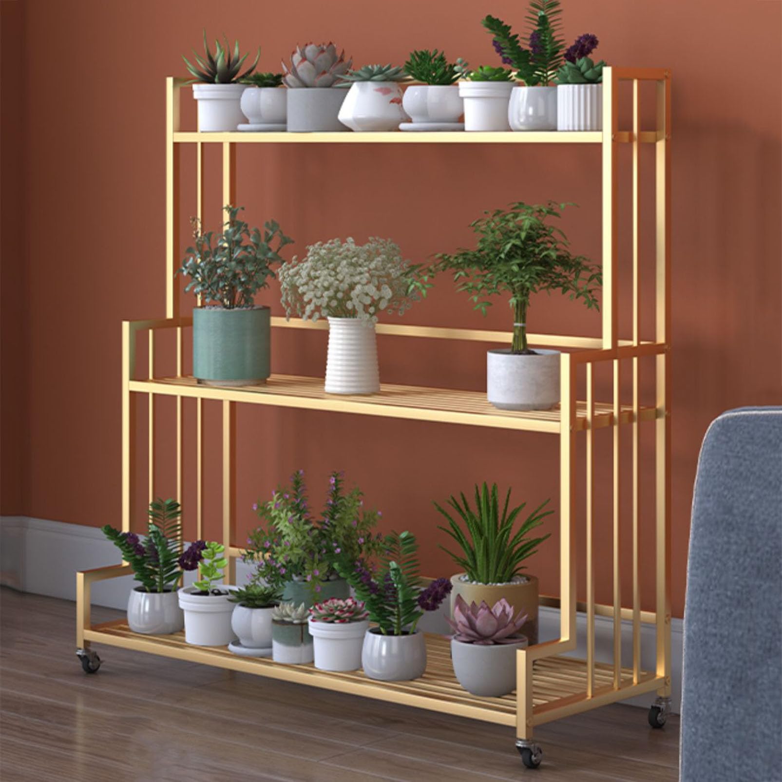 sdneNest Soporte para plantas de interior y exterior, carrito de flores de metal, estante de almacenamiento, organizador de plantas para interiores y exteriores, múltiples macetas, dorado, 70 x 35 x