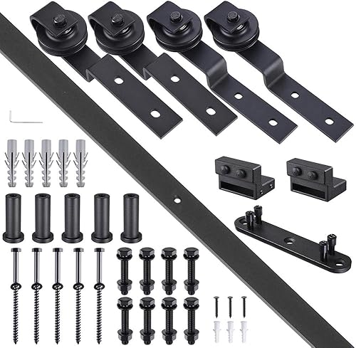 Miniatura 9 de Aquaterior Kit de herrajes para puerta corrediza de granero de doble derivación de 6.6 pies para puerta de madera doble, rodillo de cola de una