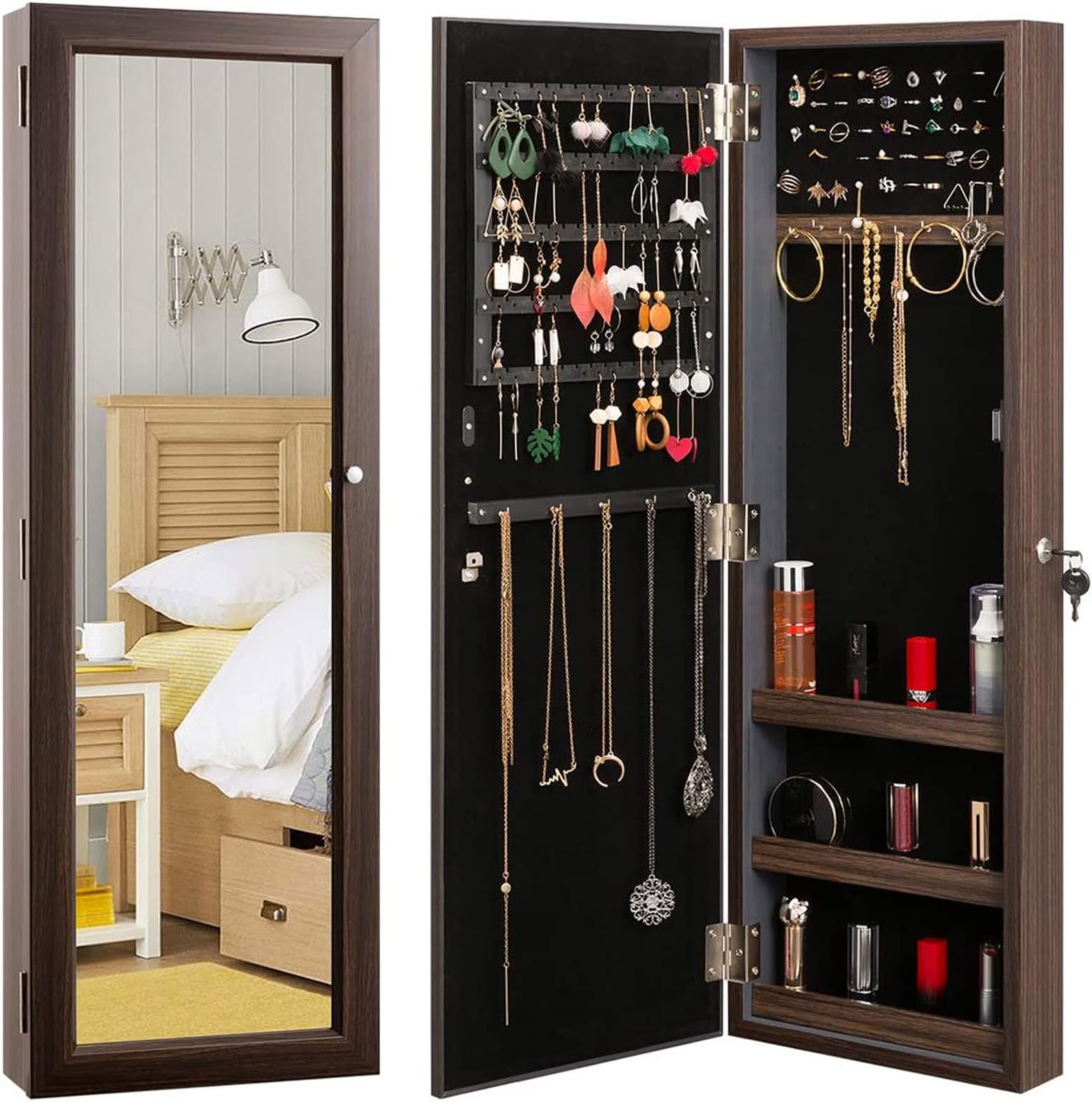 HollyHOME Jewelry Cabinet Armoire with Full Length Body Mirror Lockable Cabidor Behind Door Storage Jewelry Organizer for Necklaces Earring Rings Gifts for Wife,Brown