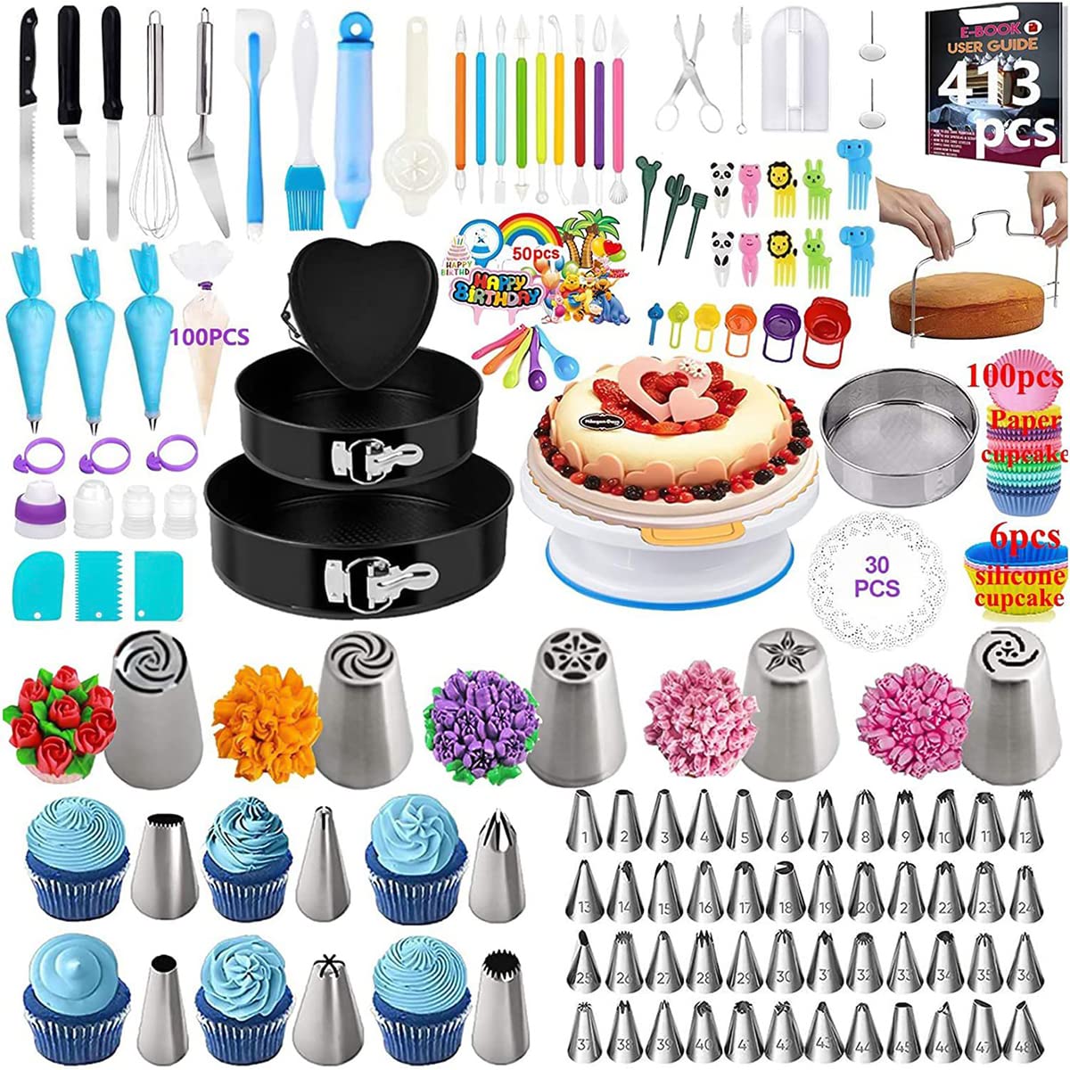 Fayelong Decoración De Pasteles Con Suministros Para Hornear, Juego De 413 Piezas, Juego De 48 Puntas De Glaseado De Acero Inoxidable, 3 Acopladores Reutilizables Y 100 Mangas Pasteleras