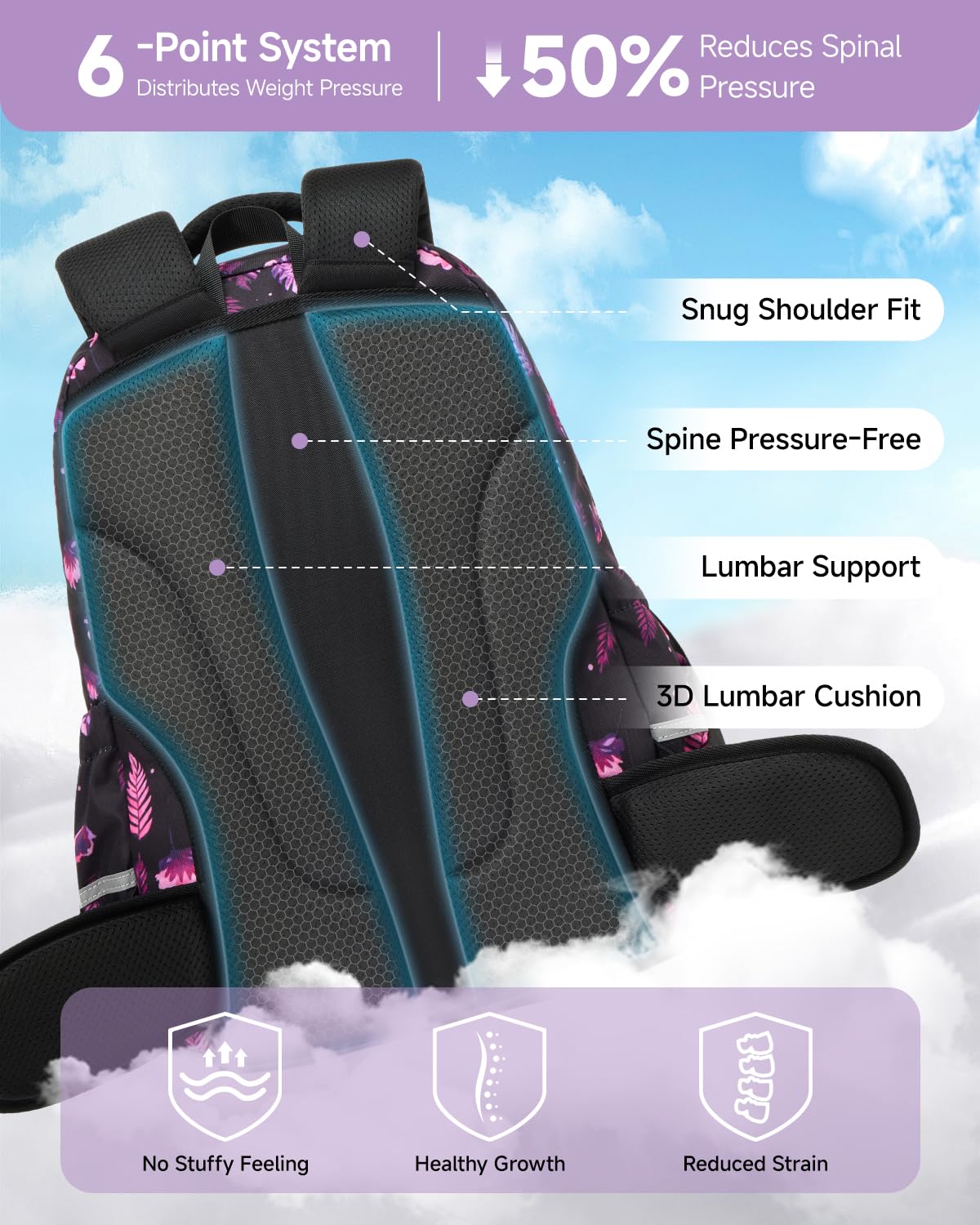Amythe Ergo Schulranzen Teenager Mädc mit Abnehmbarem Hüftgurt | Ergonomischer Schulrucksack Teenager, 30L Rucksack Schule mit Verstaubare Netztasche, 5-13 Klasse für Schule, Reisen, Sport