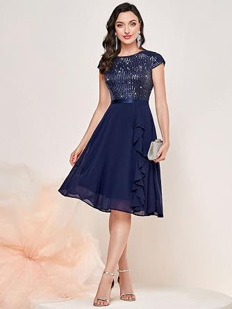 MISSMAY Women's Elegant Glitter Sequins Ruffles Trim Wedding Guest Cocktail Party Fit and Flared Swing Dress