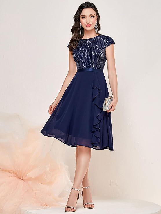 MISSMAY Women's Elegant Glitter Sequins Ruffles Trim Wedding Guest Cocktail Party Fit and Flared Swing Dress