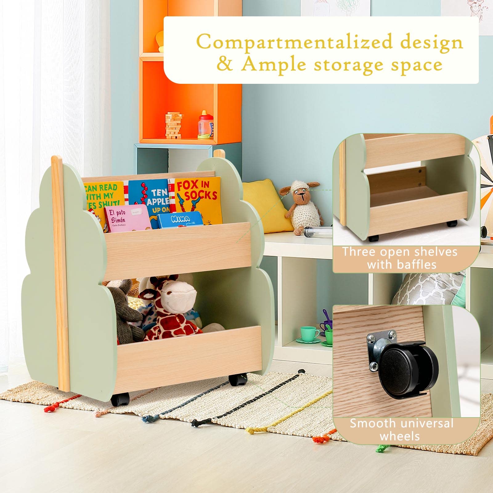 LIFEZEAL Estantería Infantil con Ruedas, librería de Madera de 2 Niveles para habitación de niños, Organizador de Juguetes con diseño de árbol, Organizador de Almacenamiento Multiusos para guardería