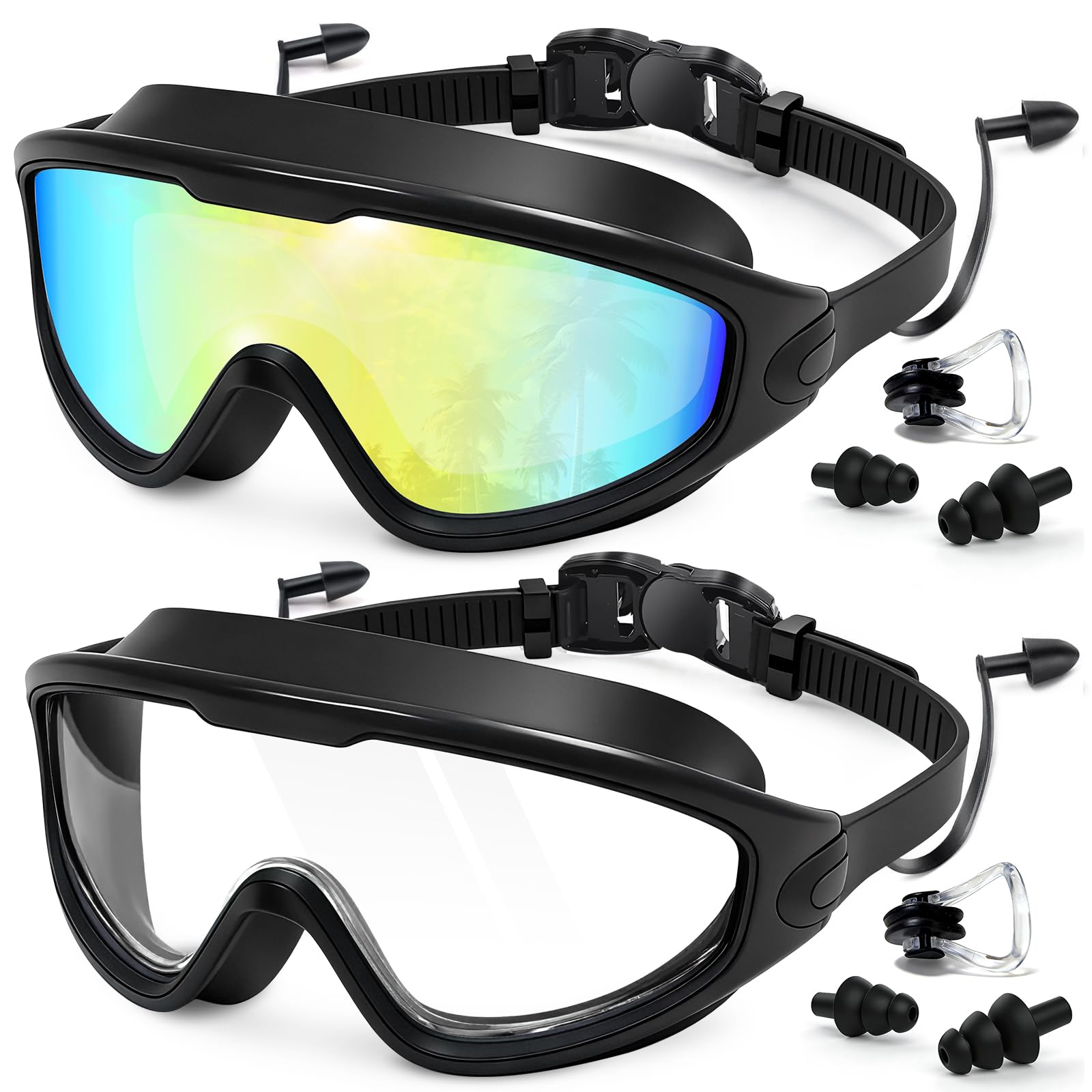 FUSHI&MON 2 Pack Swimming Goggles, No Leak Wide Vision Adult Swim Goggles for Men Women Youth, Anti-Fog & UV Protection, Soft Silicone Comfort Goggles with Case for Indoor & Outdoor Pool