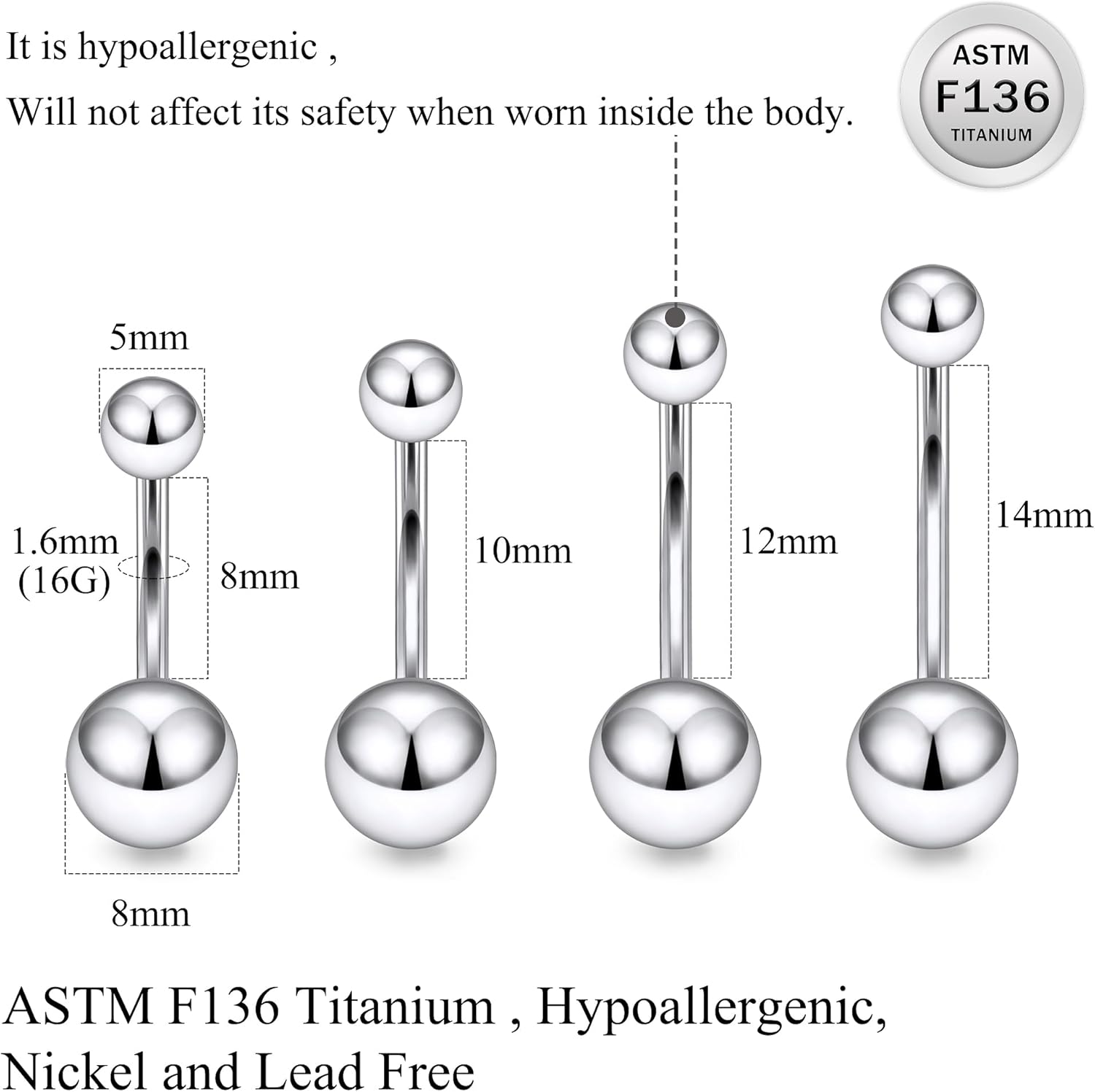 Ruifan ASTM F136 Titanium Belly Button Rings 16G 14G Ball Belly Navel Rings 8mm 10mm 12mm 14mm Bar Body Piercing Jewelry Navel Ring With 1PCS Curved Piercing Taper - Image 2