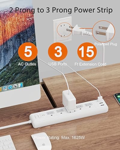 Miniatura 2 de WRXDMC Regleta de alimentación de 2 clavijas, adaptador de salida de 2 clavijas a 3 clavijas, cable de extensión de 15 pies con enchufe polarizado,