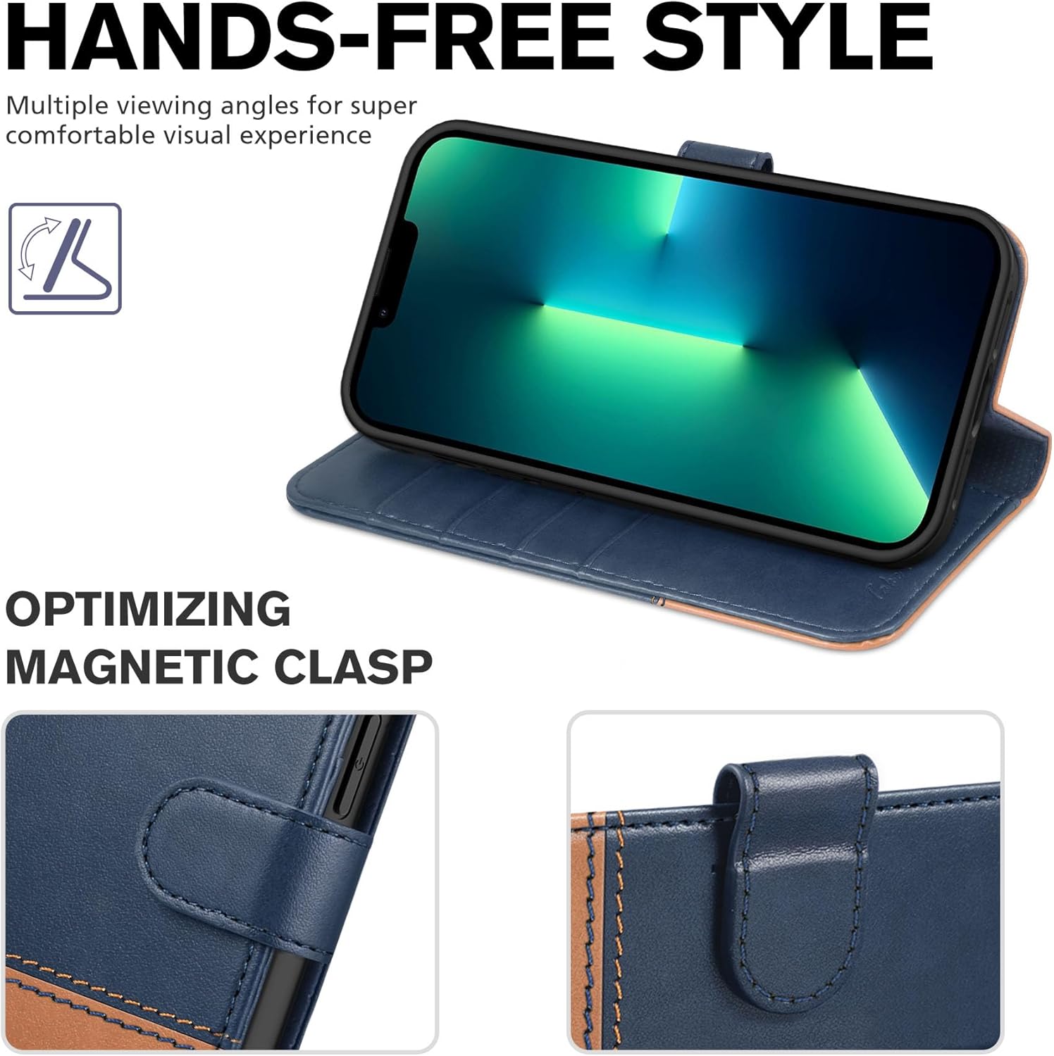 TUCCH Wallet Case for iPhone 13 Pro Max, PU Leather RFID Blocking Credit Card Slot Magnetic Stand Flip Cover TPU Shockproof Inner Case Compatible with iPhone 13 Pro Max 6.7",Dark Blue & Brown