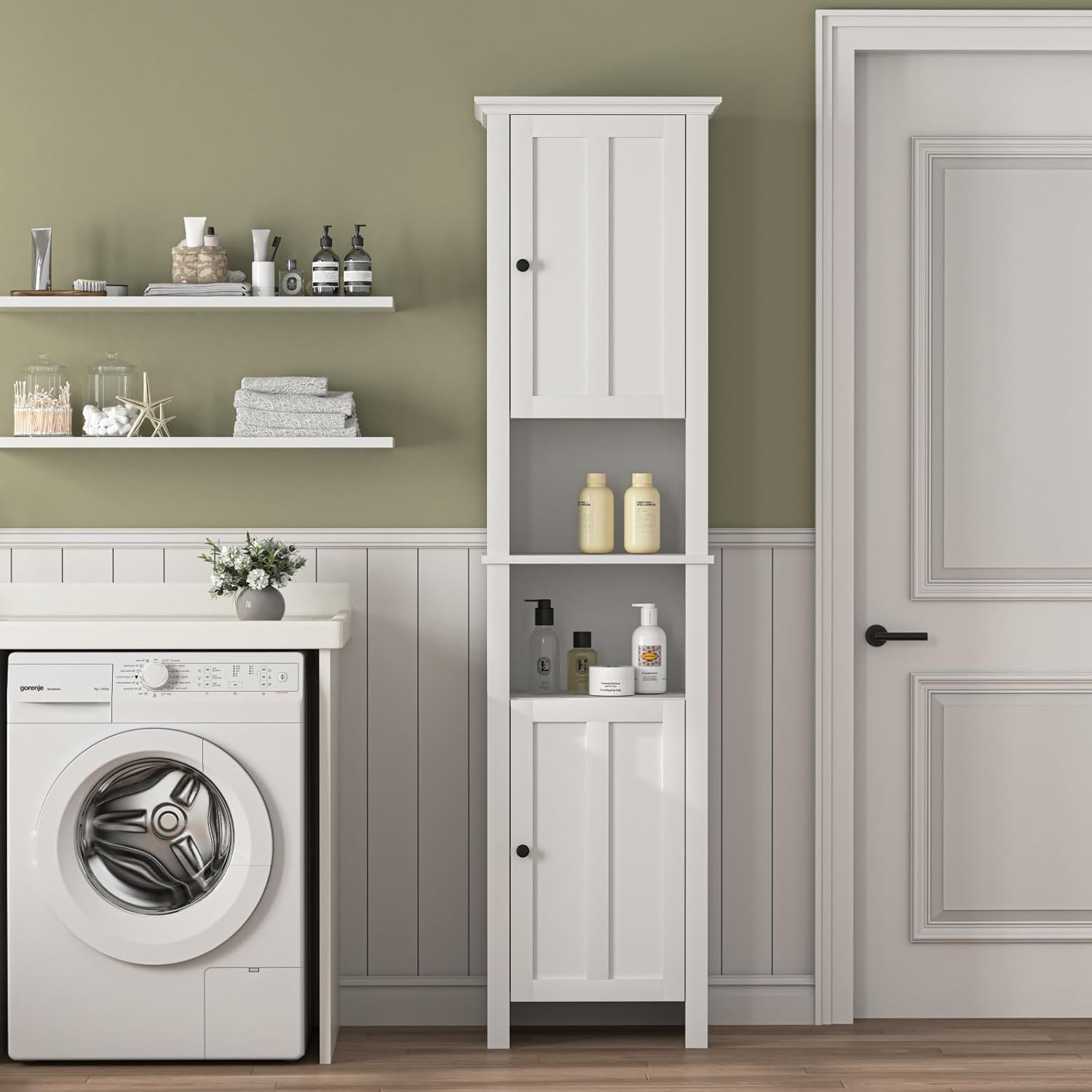 Bathroom Floor Storage Cabinet with 2 Doors Living Room Wooden Cabinet with 6 Shelves 15.75 x 11.81 x 66.93 inch