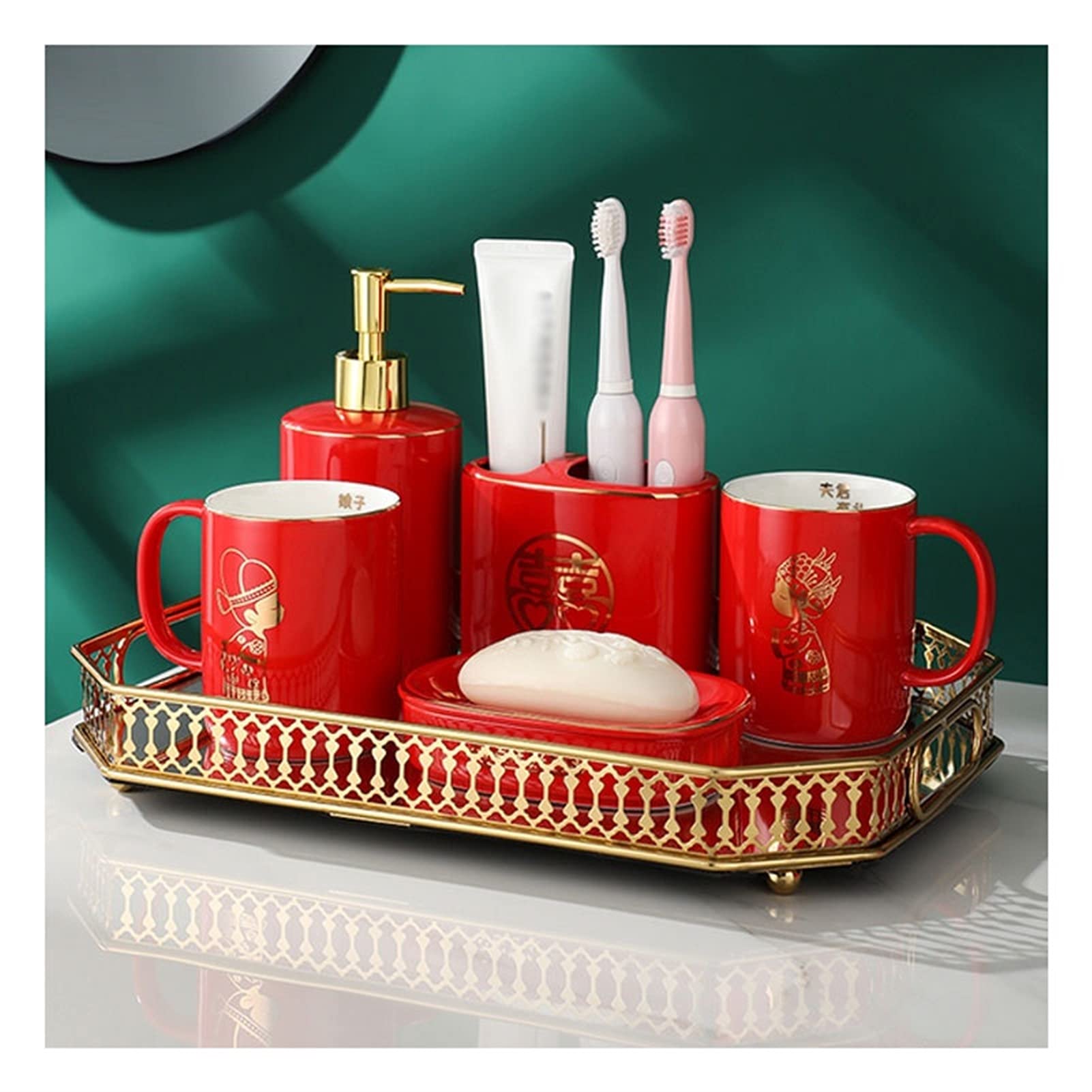 Dosificador de jabón Accesorios de baño Conjunto de cerámica Cerámica de 6 piezas Rojo - Kit de decoración de baño incluye dispensador de jabón Soporte de cepillo de dientes Soporte de cepillo de vaso