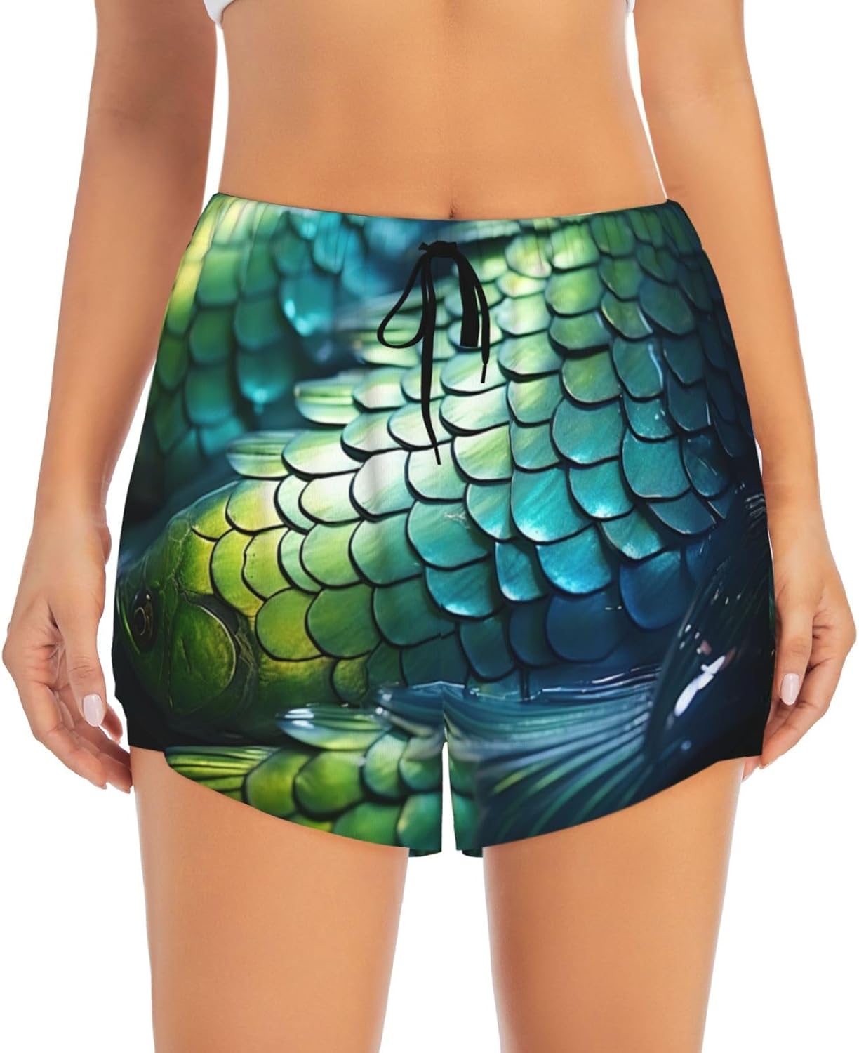 Green Fish Print Women's Running Shorts,Athletic Shorts with Elastic Pockets,for Yoga,Jogging and Fitness