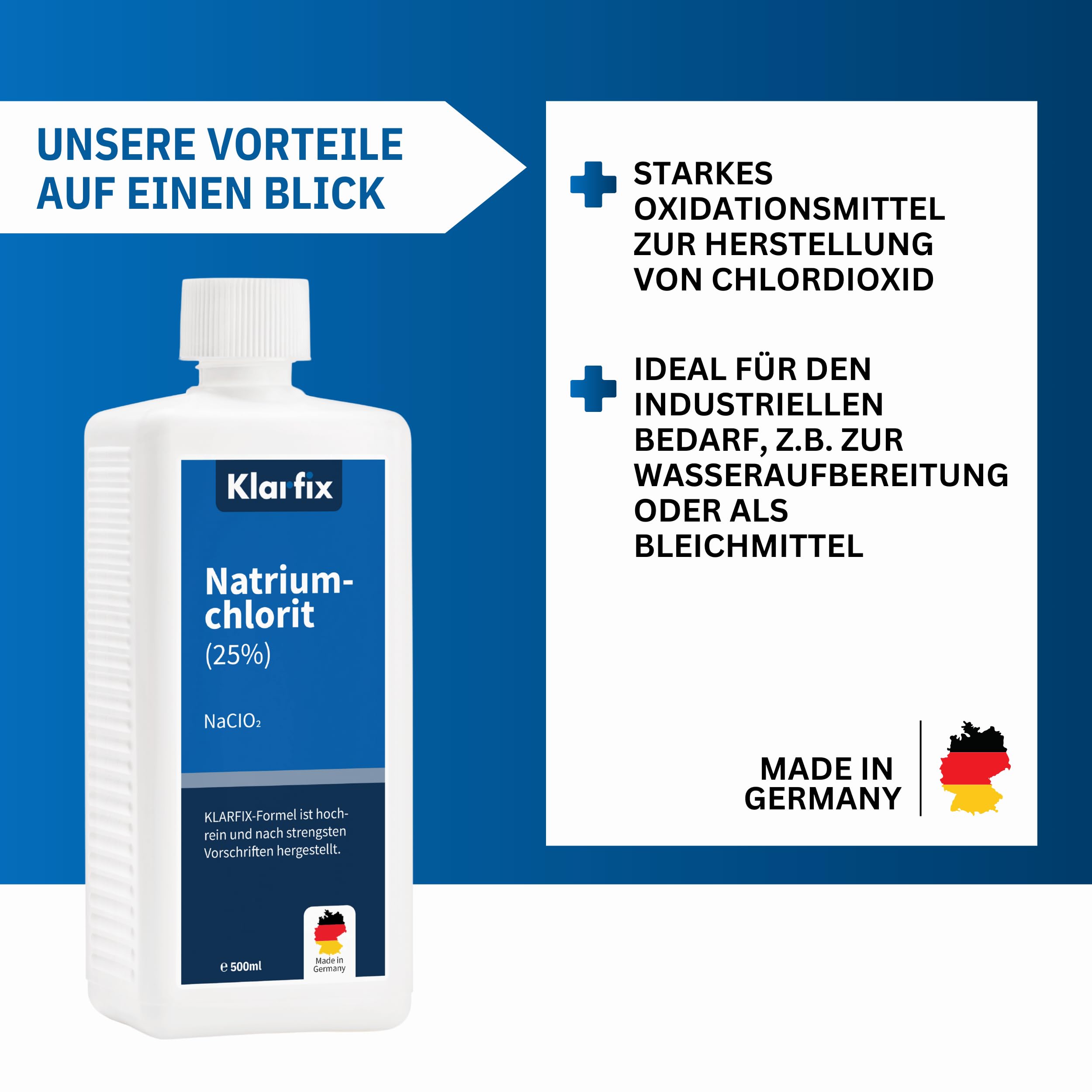 Natriumchlorit 25 % | Starkes Oxidationsmittel zur Herstellung von Chlordioxid | Für Wasseraufbereitung, Desinfektion & Bleichmittel | Technisches Konzentrat (2x 500ml)