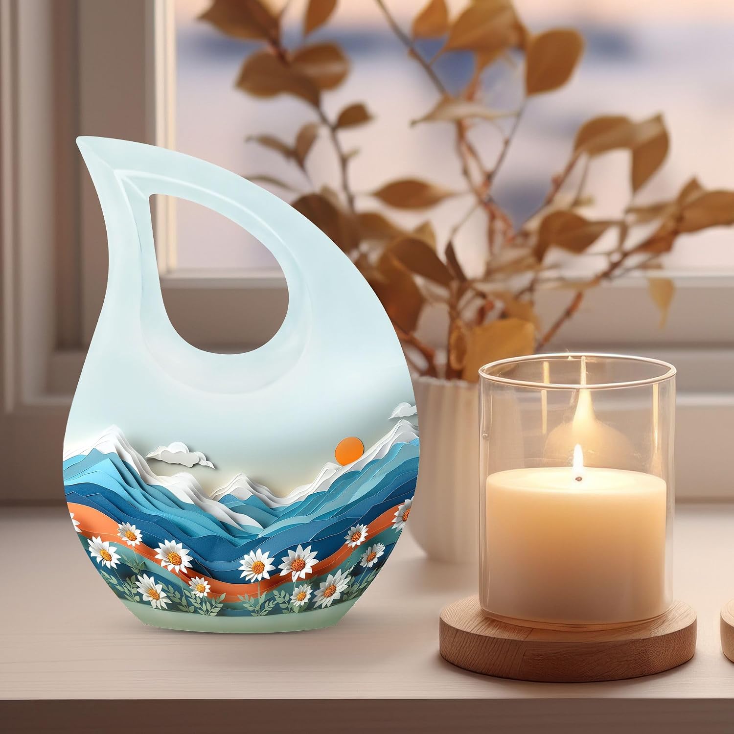 Sunset Over A Floral Urn - Burial Urns for Human Ashes - Urn for Human Ashes Adult Women& Men - Urn for Ashes for Mom - Adult Cremation Urn, urn for Ashes Adult Male(Size - 4inch, 1Pcs)