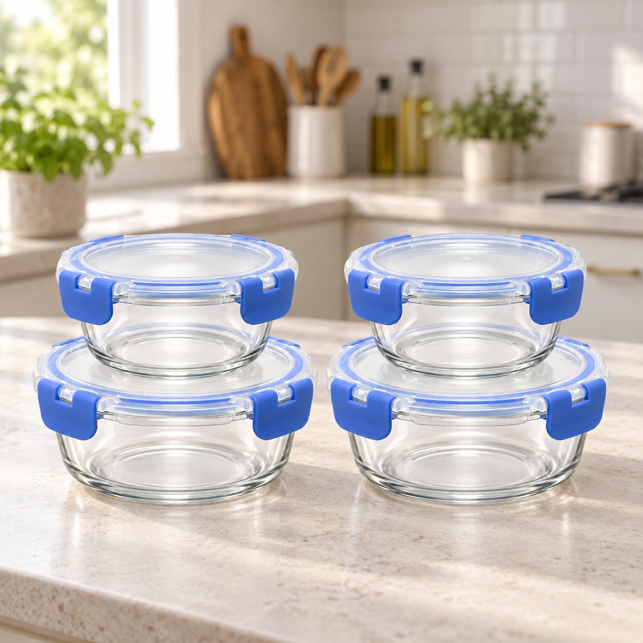 4 Pack Round Glass Meal Prep Container Set with Lids, 2x400ml & 2x950ml