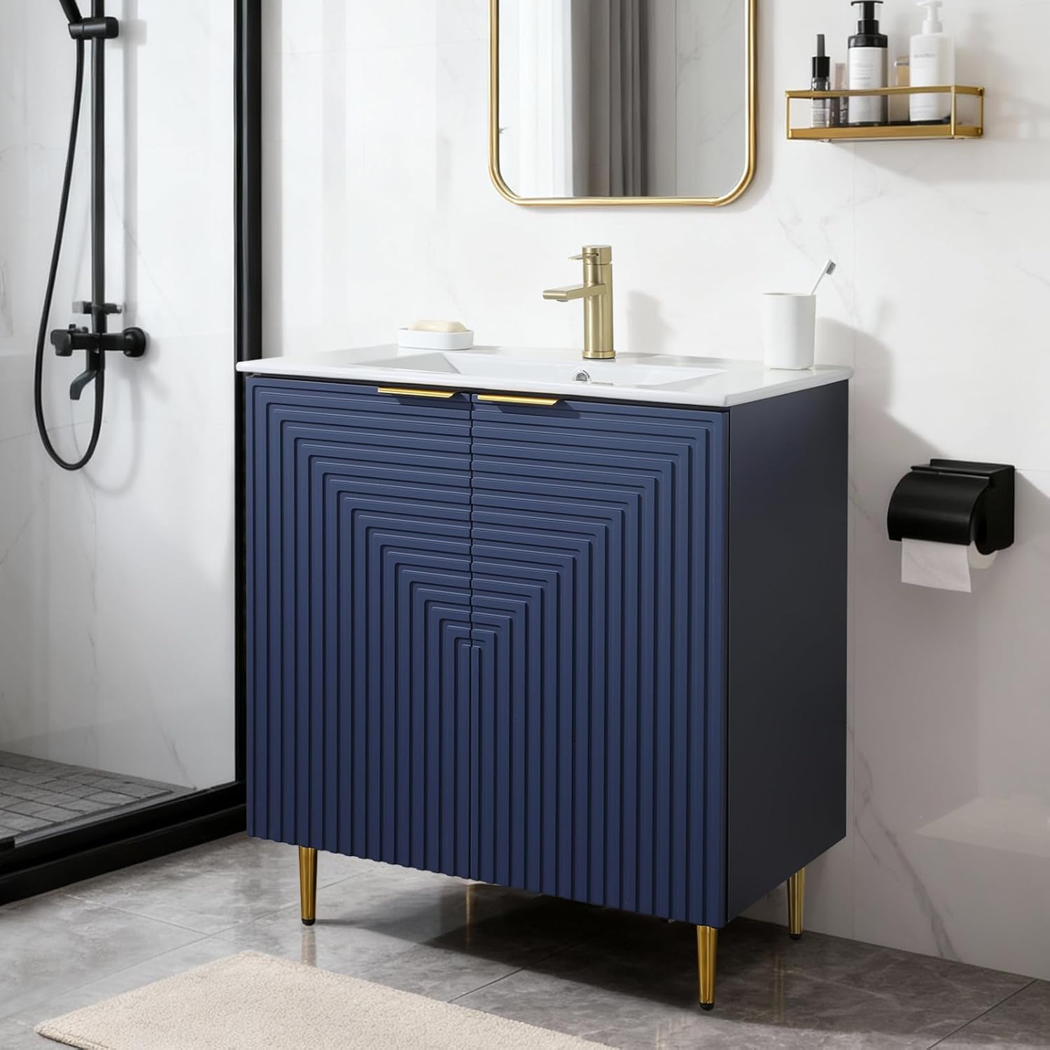 30 Inch Blue Bathroom Vanity with Ceramic Sink Combo, Modern Freestanding Bathroom Cabinet with Soft Closing Door