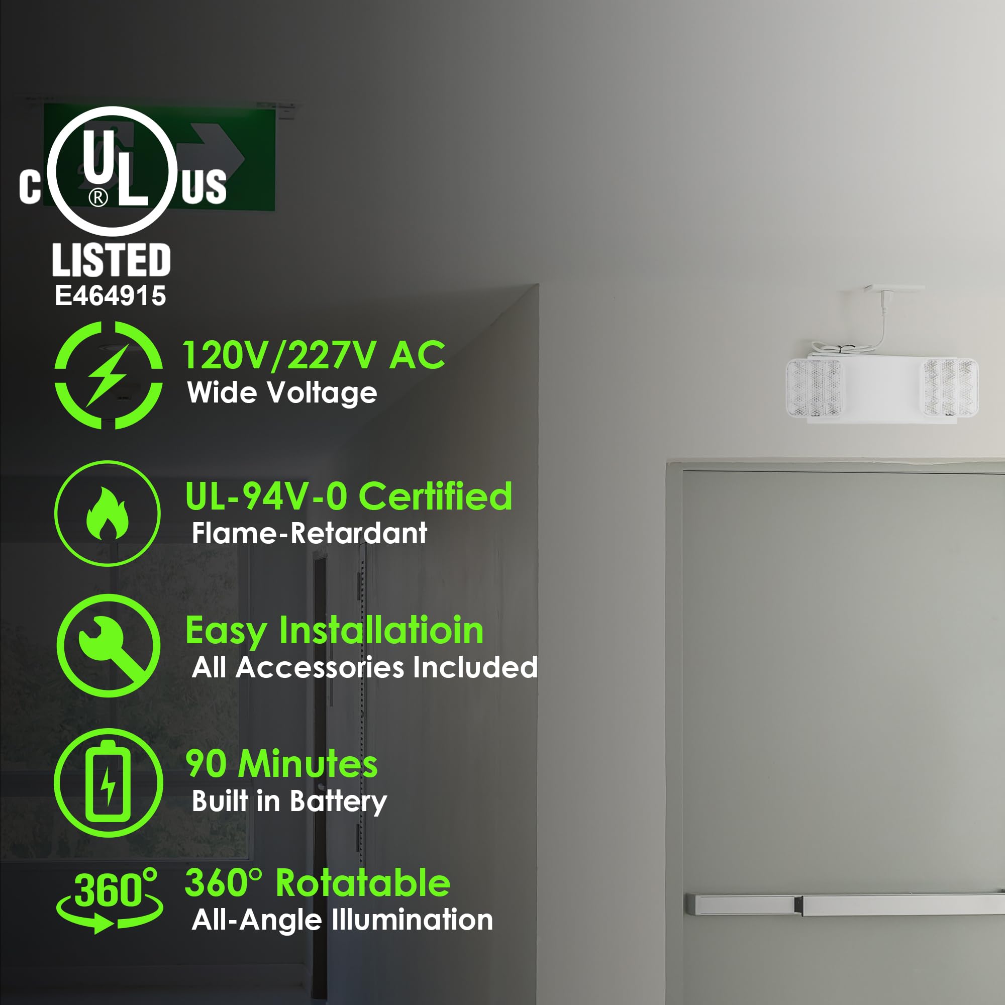 GRUENLICH Accesorios de iluminación LED de salida de emergencia con dos cabezales LED y baterías de respaldo, luz de emergencia estándar de EE. UU., calificada por UL 924, voltaje 120-277, paquete de
