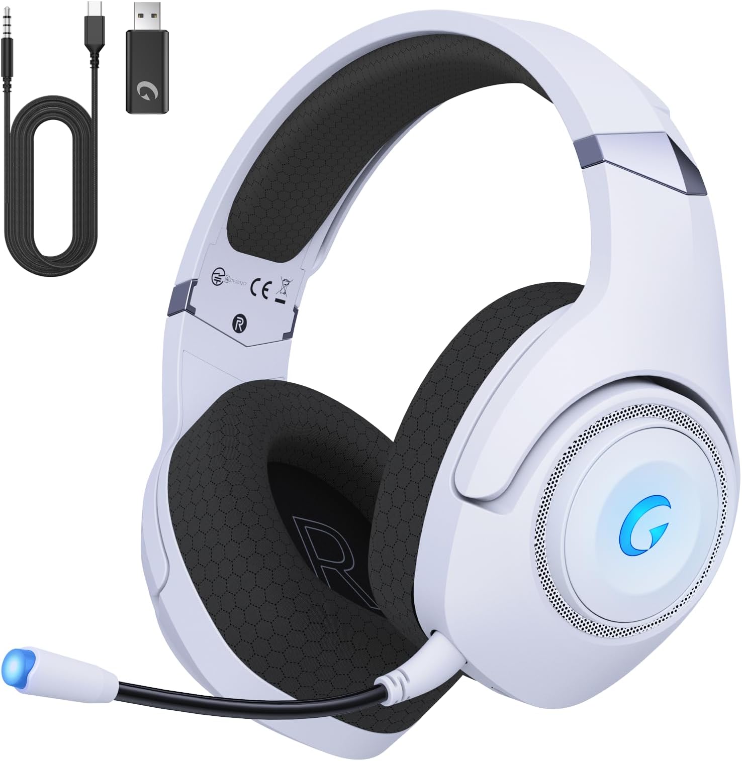 KAPEYDESI Gaming headset, draadloos, PS5-headset, gaming hoofdtelefoon met microfoon voor PS5, pc, switch, PS4, 2,4 GHz USB, ruisonderdrukkende microfoon, 3,5 mm aux-kabel, zwart/blauw
