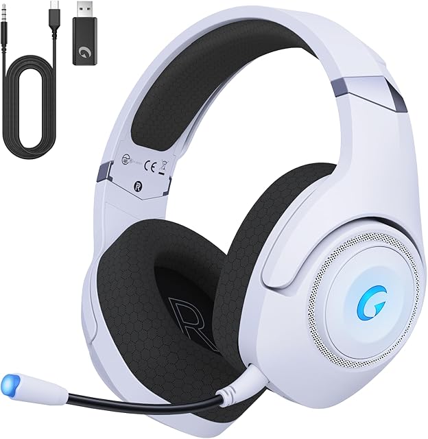 Gaming Headset, Wireless Gaming Headset for PS5/PS4 /PC/MAC, 2.4GHz Gaming Headphones With Noise Cancelling Miccrophone, Bluetooth Headphones With 3D Surround, 3.5mm Wired for Xbox Series, White