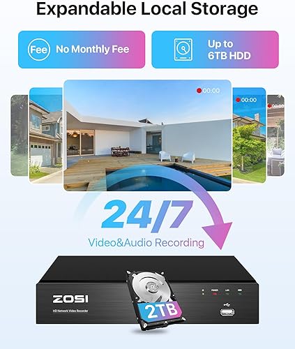 Miniatura 6 de ZOSI Sistema de cámara de seguridad para el hogar PoE de 8 canales 4K, 8 puertos, NVR de 8 canales y 8 MP con disco duro de 2 TB, 4 cámaras IP PoE