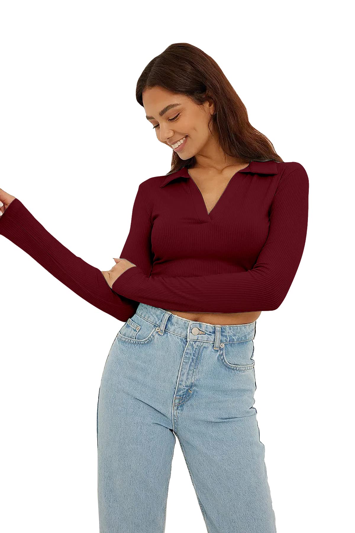 Women's Regular Fit Crop top Full Sleeves Polo Neck