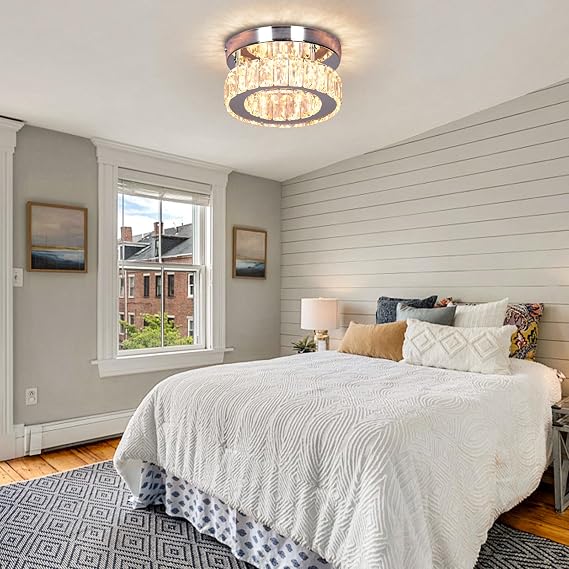 7.8 Round Crystal Flush Mount Chandelier Ceiling Light Dimmable remote [Energy Class E]