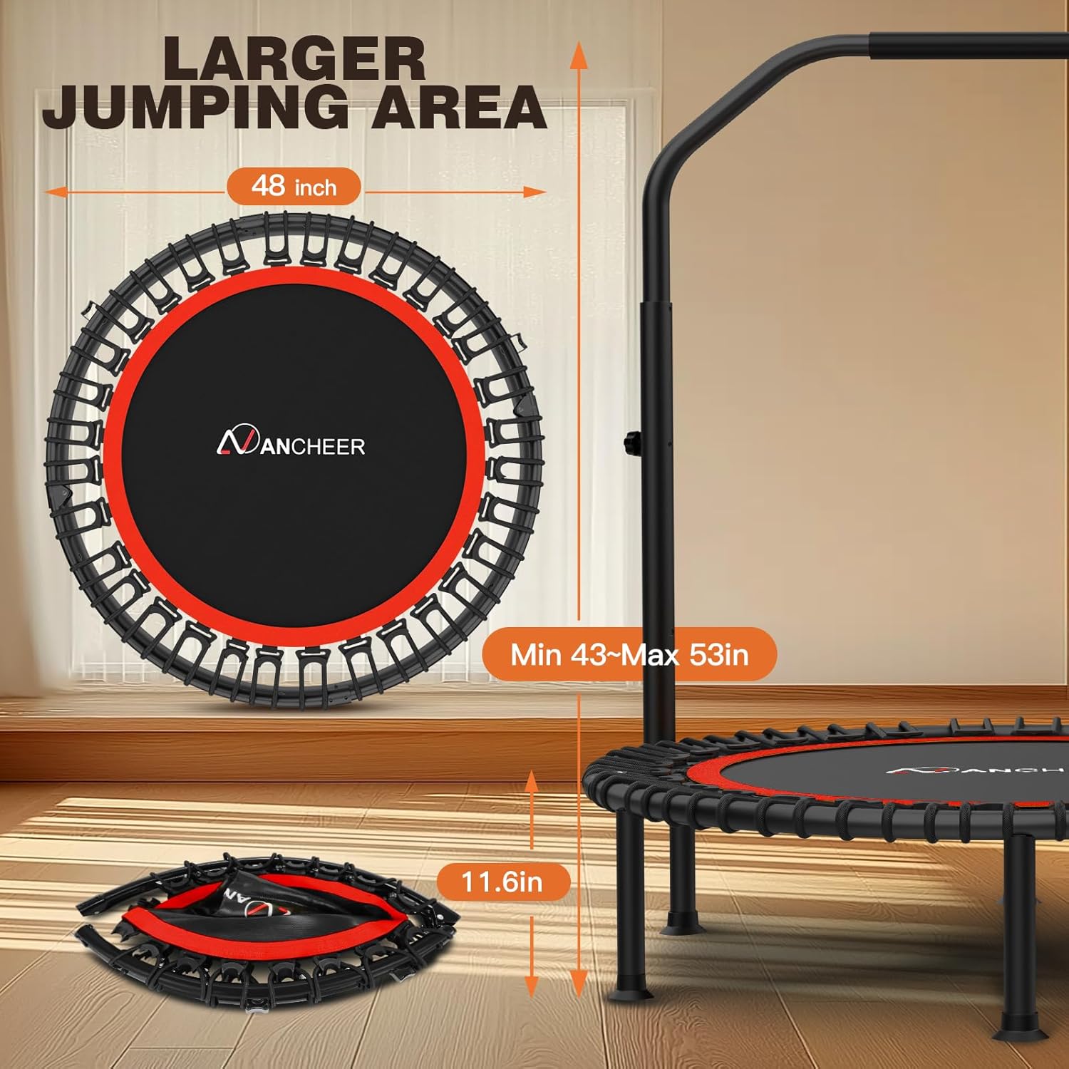 ANCHEER 40"/48" Foldable Rebounder Trampoline for Adults/Kids with Resistance Bands and Bungees, Indoor & Outdoor Mini Trampoline with Bar and Safety Padding - Max Load 450lbs/550lbs - Image 8