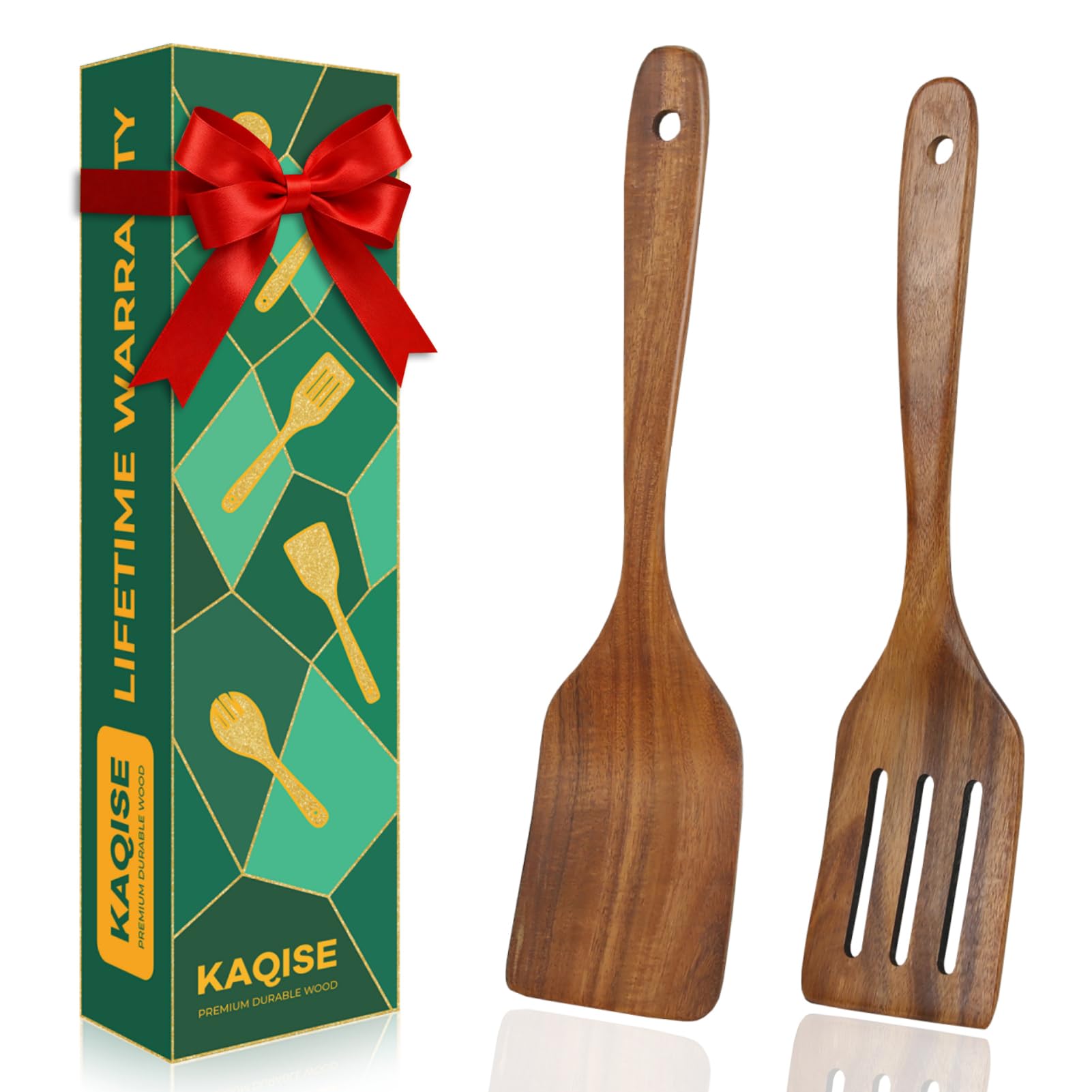 KAQISE Wooden Spatulas for Cooking, Teak Wood Kitchen Utensils Set, Natural Cooking Utensils Set, Flat Wooden Spatulas and Slotted Spatula Set (2Pcs )