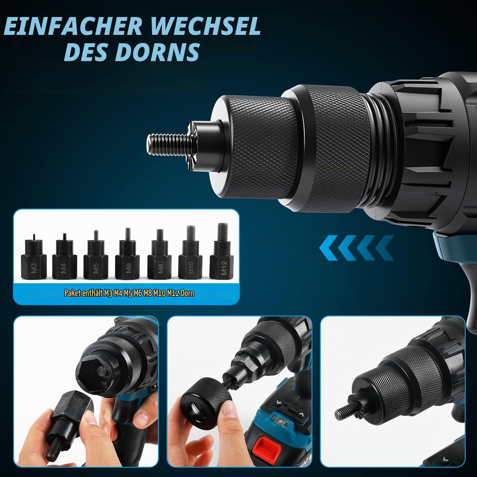2-in-1 Akku Nietzange Set für Makita 18V LiIon,Bürstenloser Motor für Nieten M3/M4/M5/M6/M8/M10/M12,Elektrische Nietwerkzeug für Baustellen, Autoreparaturen & Heimwerker (Ohne Akku)