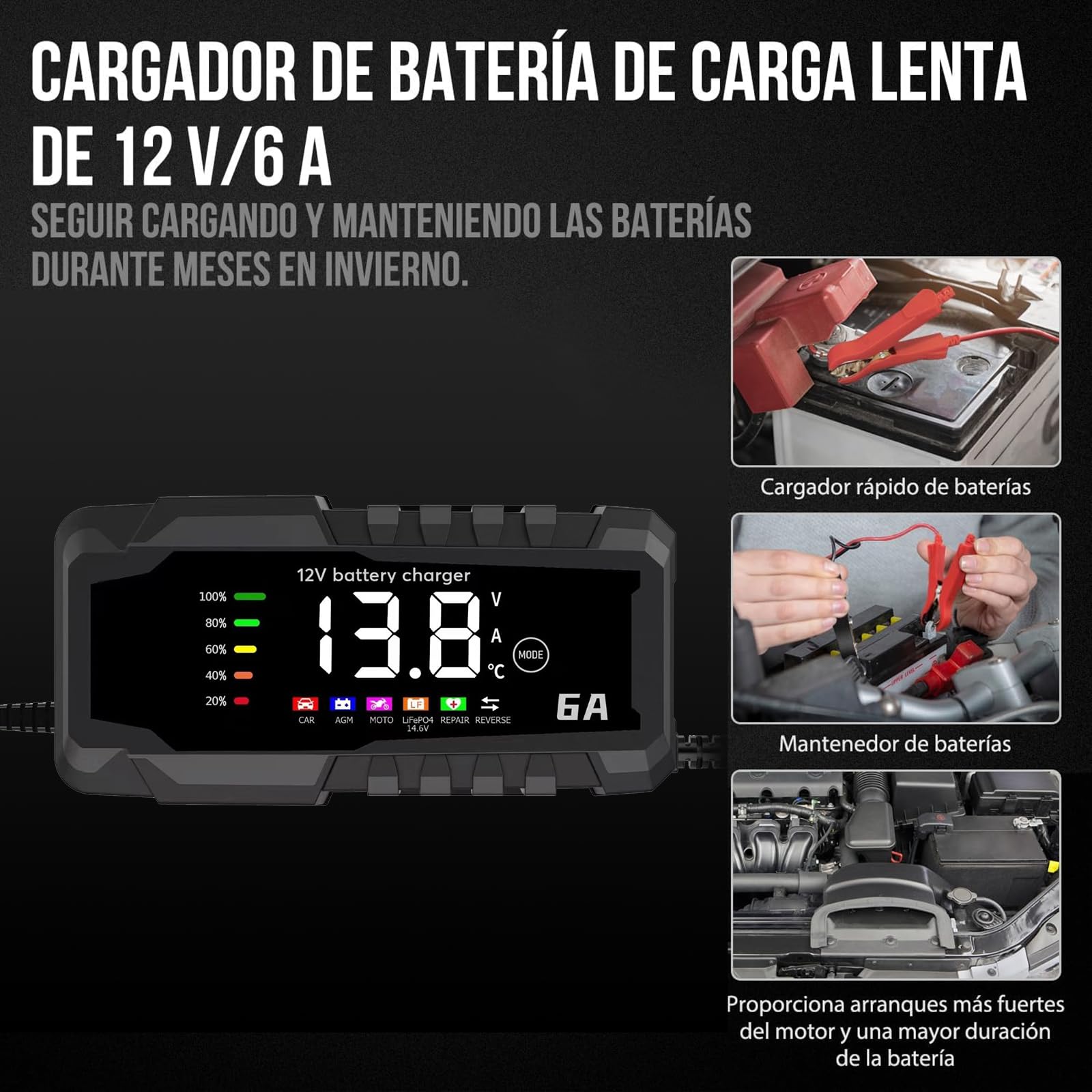 YONHAN Caricabatterie da Auto,6A/12V LiFePO4 Carica Batteria per Auto di Carica Multi Protezioni di Carica Automatico Caricatore Intelligente, Mantenitore Batteria Moto con Schermo LED Touch Screen