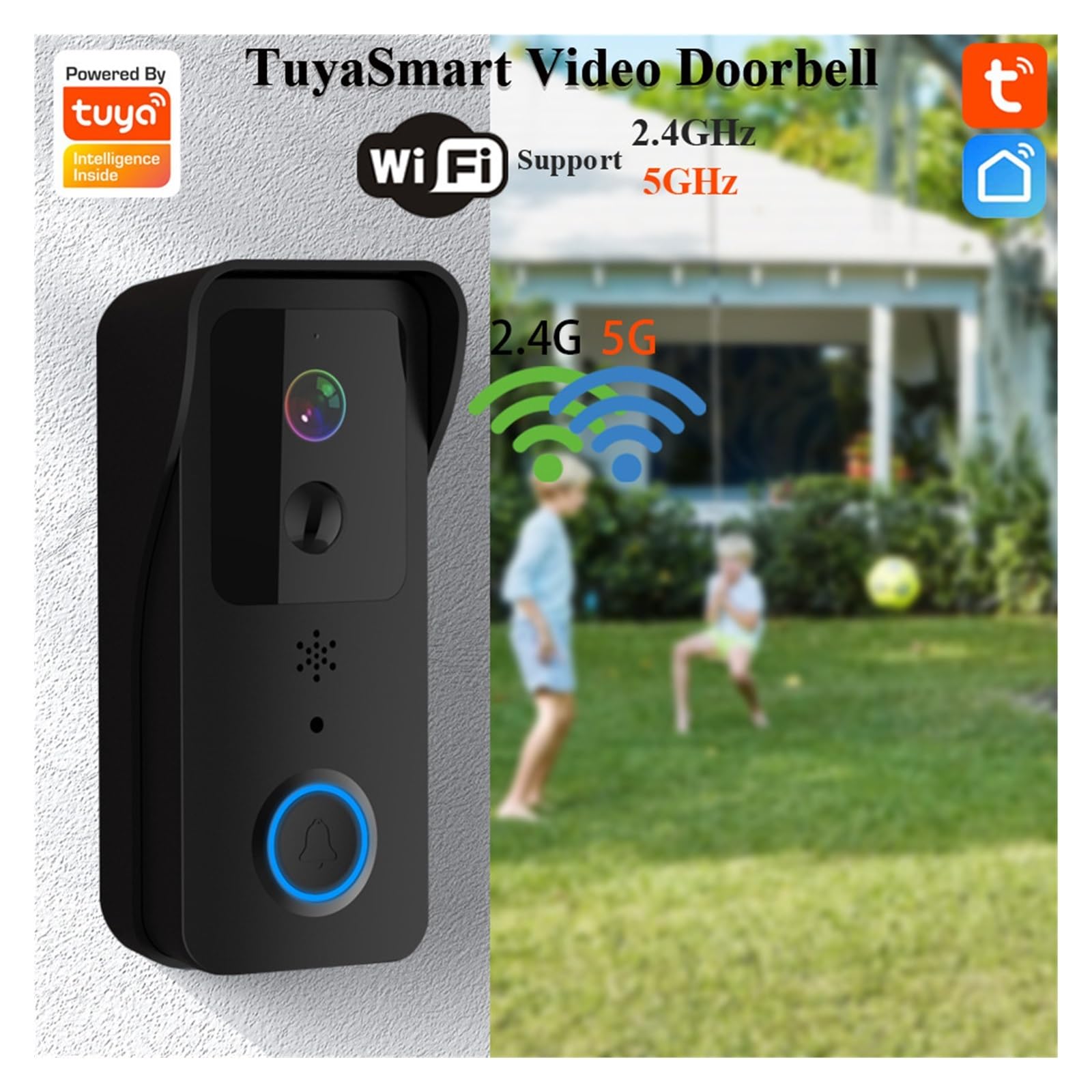 Tuya Smart Video Doorbell with Wi-Fi support for both 2.4GHz and 5GHz networks, indicating strong signal strength.