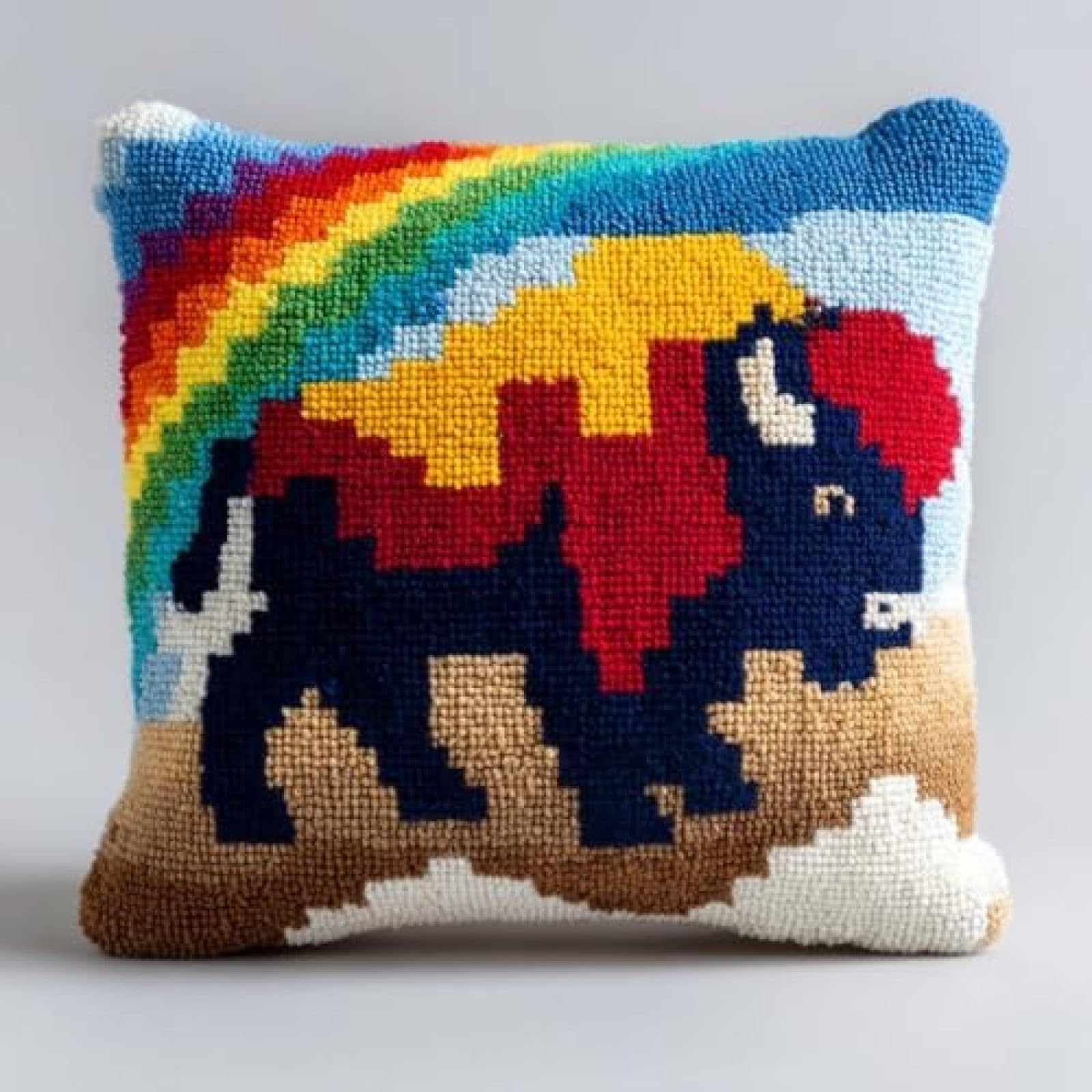 kitphoenix Adults Latch Hook Craft Kit,Buffalo and Rainbow,Cushion Cover Making Kit with Yarn and Hook,DIY Embroidery Pillow Cover Set,43x43 cm