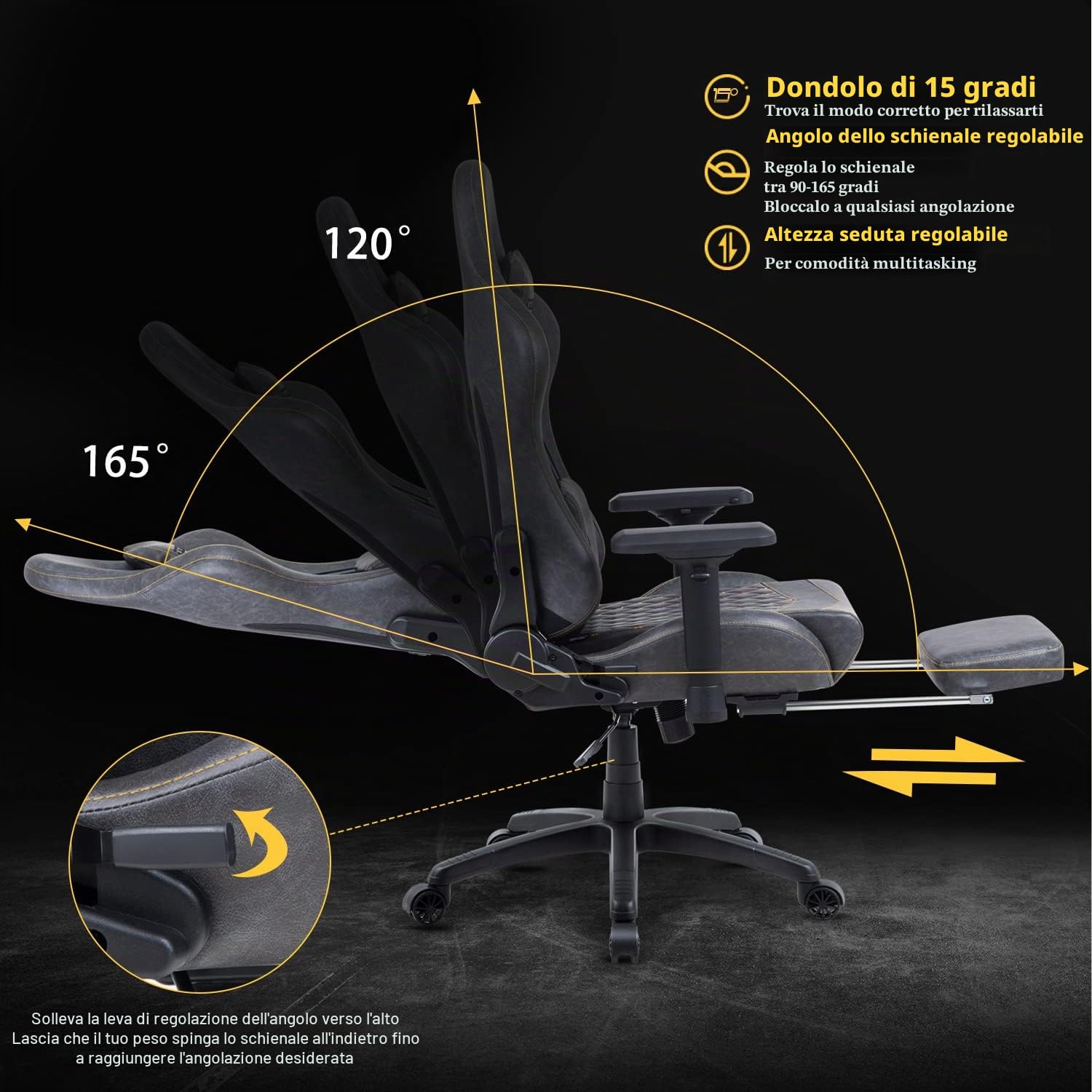 Dowinx Sedia da gioco ergonomica reclinabile in stile racing con supporto lombare massaggiante, braccioli 4D, sedia per computer in pelle PU con poggiapiedi retrattile grigio