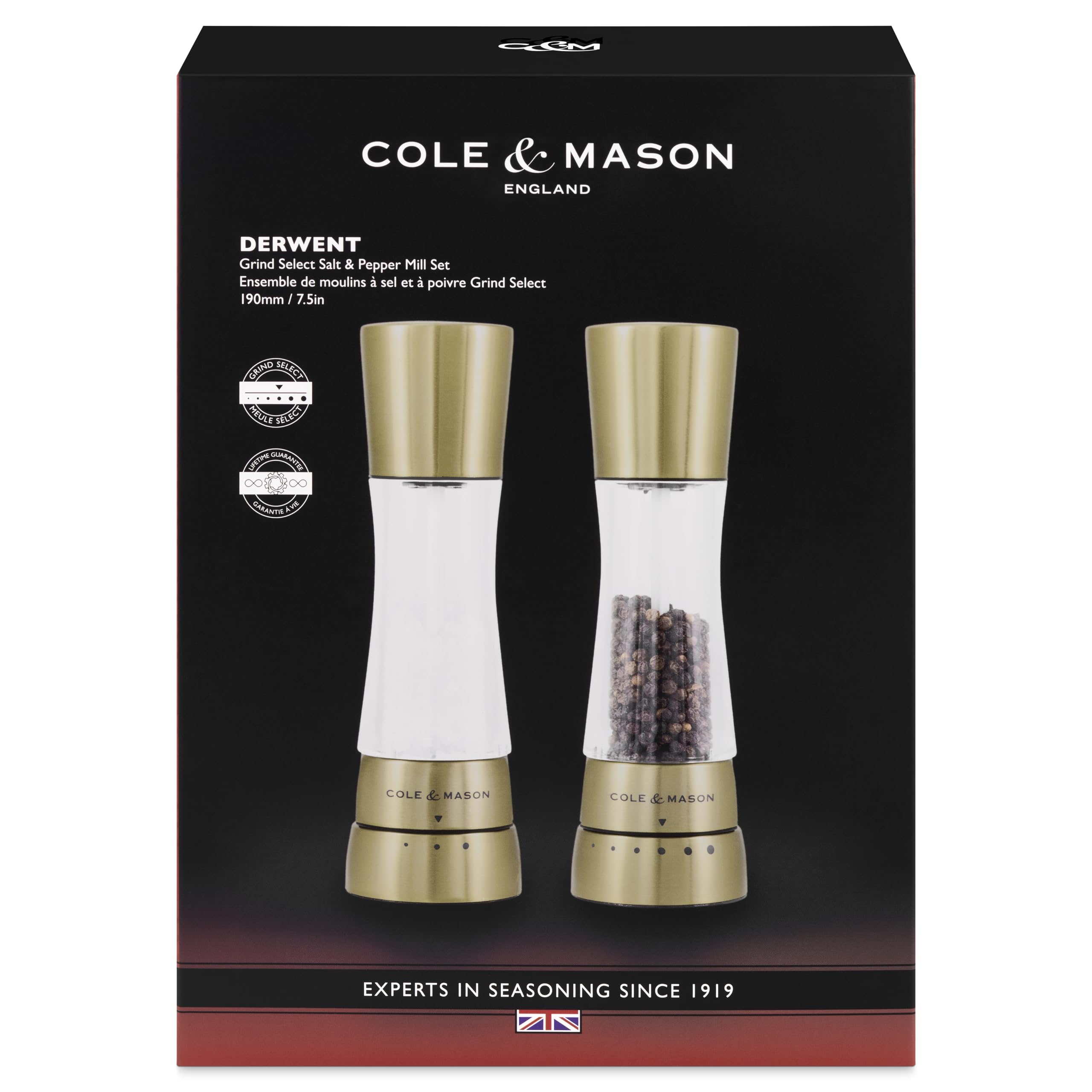 Cole & Mason Derwent Gold Salzmühle und Pfeffermühle, Gewürzmühle, 2er Set Manuell mit einstellbarem Keramik-Mahlwerk, Edelstahl/Acryl, 190mm, Precision+, Geschenkset