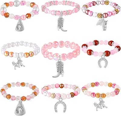 Sureio 9 Pcs Cowgirl Bracelets Western Beaded Bracelets Cowgirl Party Favors Cowgirl Toddler Bracelets for Girls Horse Charm Bracelets Cowboy Boot Charm Bracelets Horse Lovers Jewelry for Girls Women