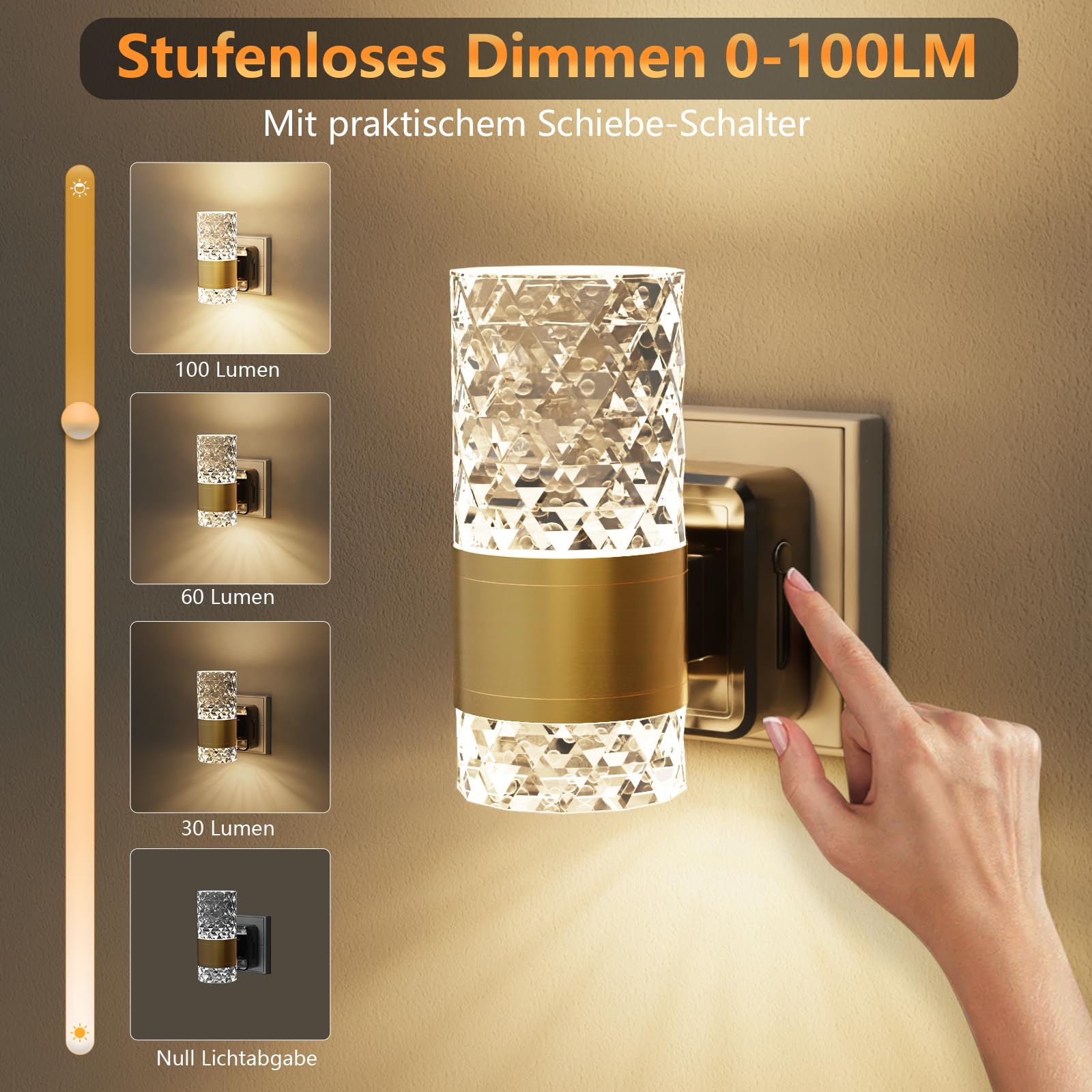 Nachtlicht Steckdose –2 Stück LED Nachtlicht Oberen und Unteren Beleuchtung Ultrahelles mit Intelligentem Sensor, Dimmbares LED für Schlafzimmer, Küche, Flur, 3000K (Gold-Transparent)