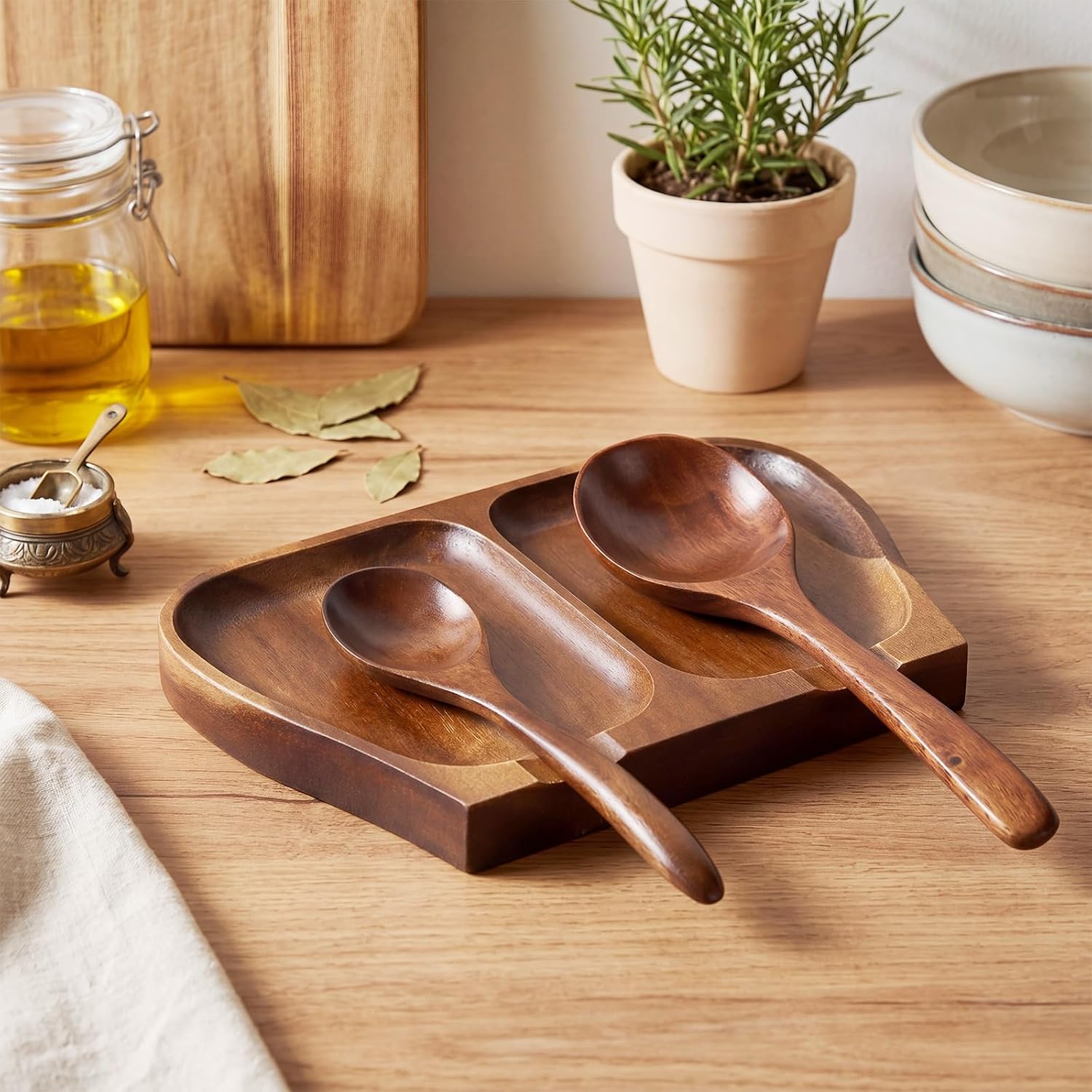 Domensi Large Acacia Wood Spoon Rest for Stove Top Utensils, 8.5 Inches