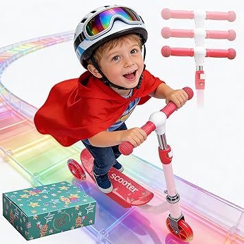 Scooters for Kids 3-5 Years Age 3-Wheel Light Up Scooter with Flexible Steer & 3-Adjustable Height for Boys Girls Outdoor Indoor Recreational Transport Blue Pink Orange