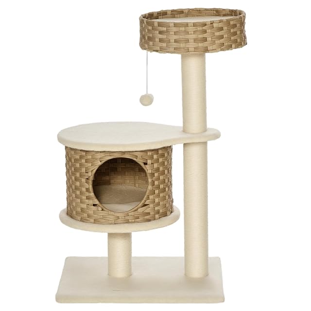 PawHut Árbol rascador 95cm, Cueva para Gato, hasta 5kg, Natural+Beige