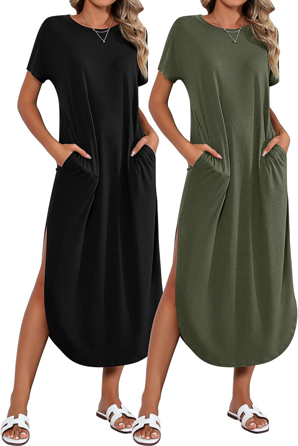 Casual loose split maxi dress with pockets for summer beach