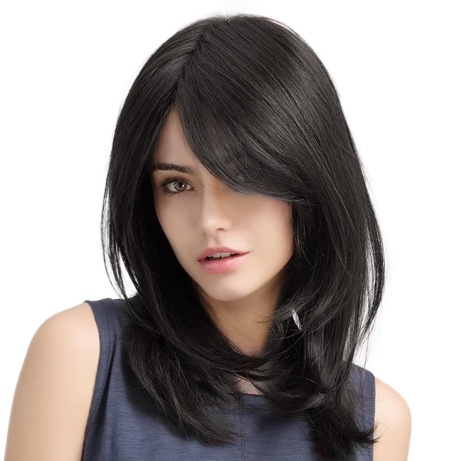 Long Layered Synthetic Heat Resistant Wig Natural Curly Shoulder Length Party Amazon.com : Sallcks Womens Long Black Wig Long Layered  main image 2