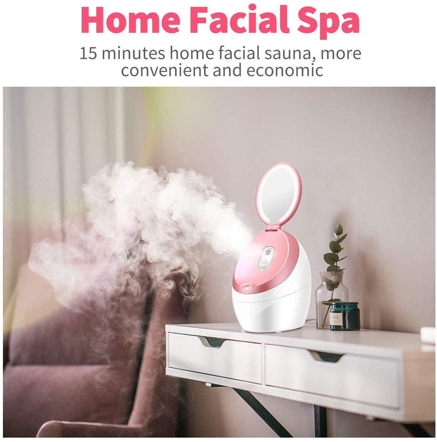 Nano Mist Face Steamer - Ciepła Mgiełka Spa do twarzy Parowiec z lusterkiem do makijażu LED - Domowy nawilżacz do sauny Głębokie nawilżanie - Zaskórniki Usuń pory oczyszczają