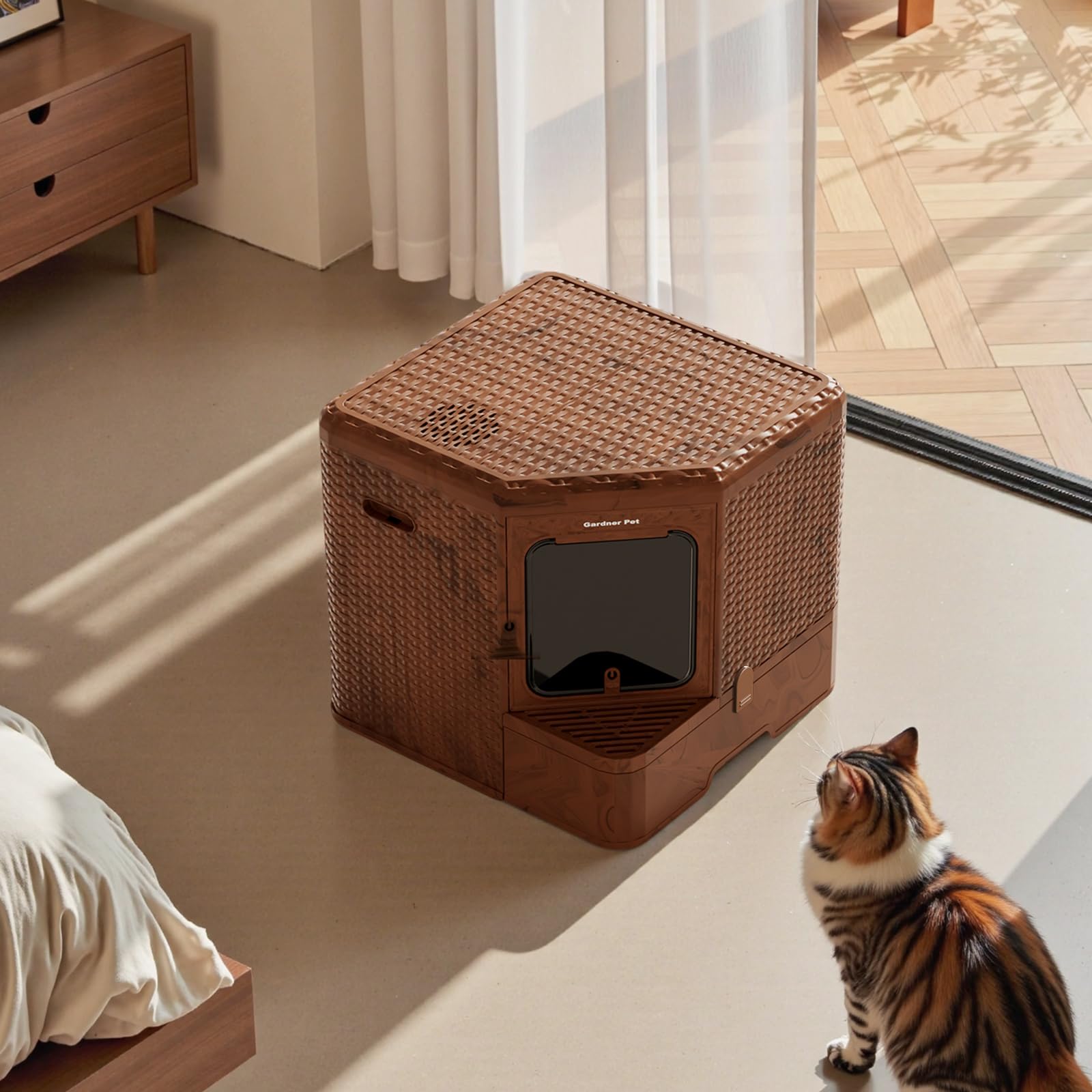Gardner Pet Arenero Gato Cerrado, Color Madera Oscura | Fondo Extraíble, Diseño Estilizado, Material PP Reciclable, Filtración Anti-Olores,Dimensiones 50x50x50 cm