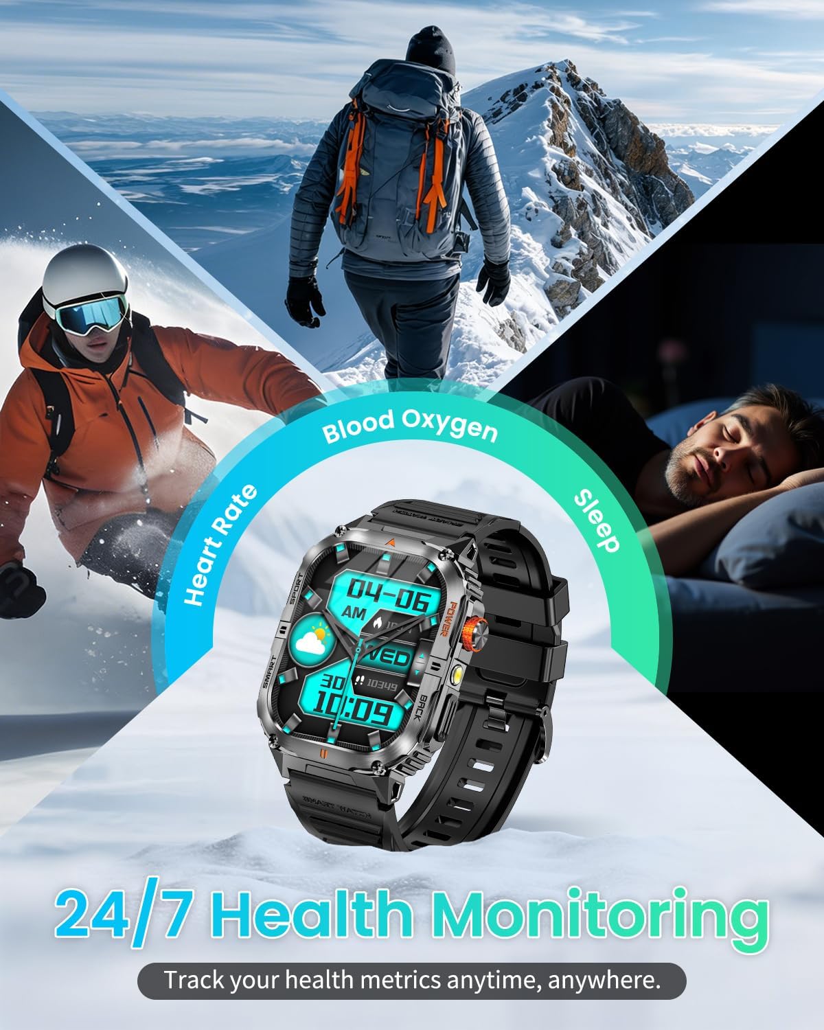 2.0" Large Screen Military Smart Watch for Men with 1200mAh Long Battery Life, Bluetooth Calling, LED Flashlight, IP68 Waterproof, 110+ Sports Modes, Heart Rate/SpO₂/Sleep Monitor for Android & iPhone