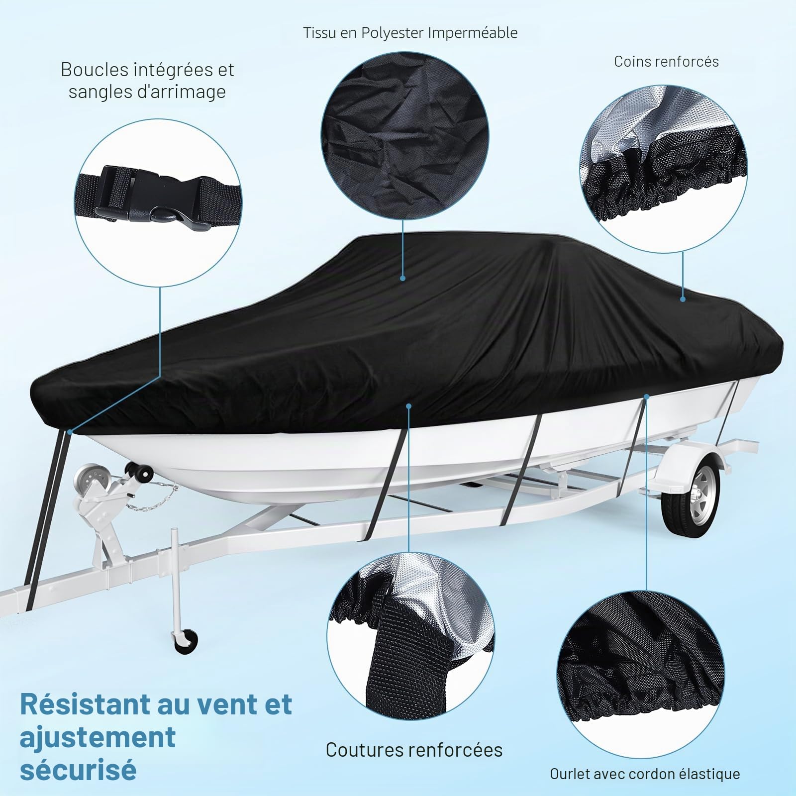 Bâche pour bateau étanche, bâche Oxford 420D pour bateau, bâche de bateau résistante aux UV et à la poussière pour yacht, vedette rapide, bateau de pêche, coque en V, bateau à rames (6,1-6,7 m)